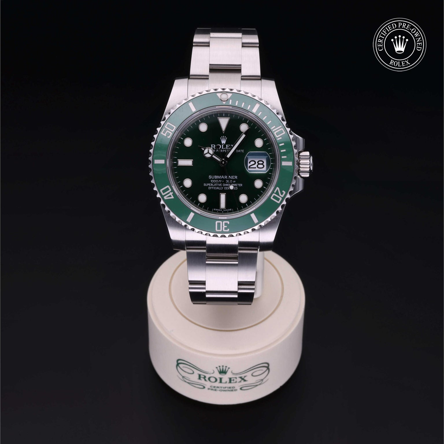 Rolex Certified Pre-owned Submariner M116610LV-0002 front on black background