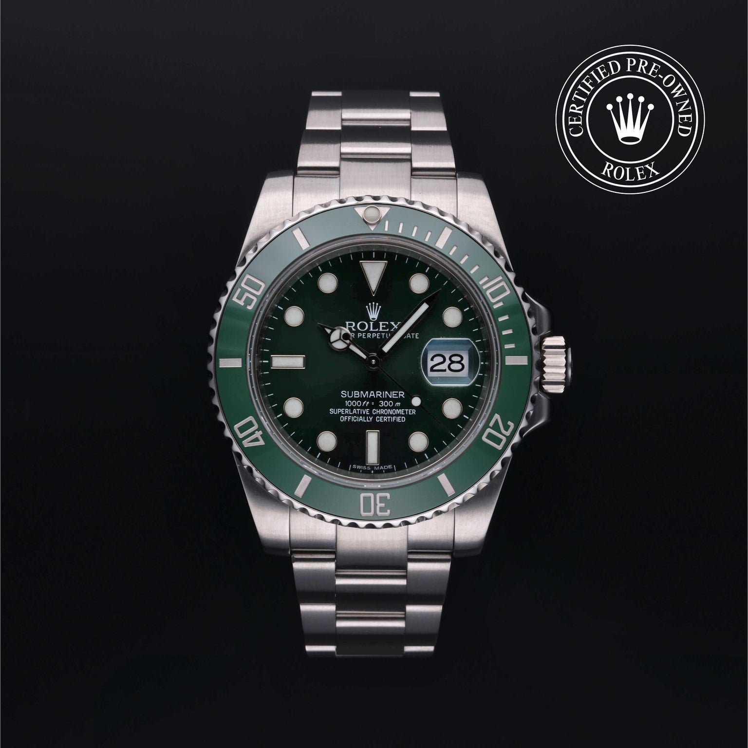 Rolex Certified Pre-owned Submariner M116610LV-0002 front on black background
