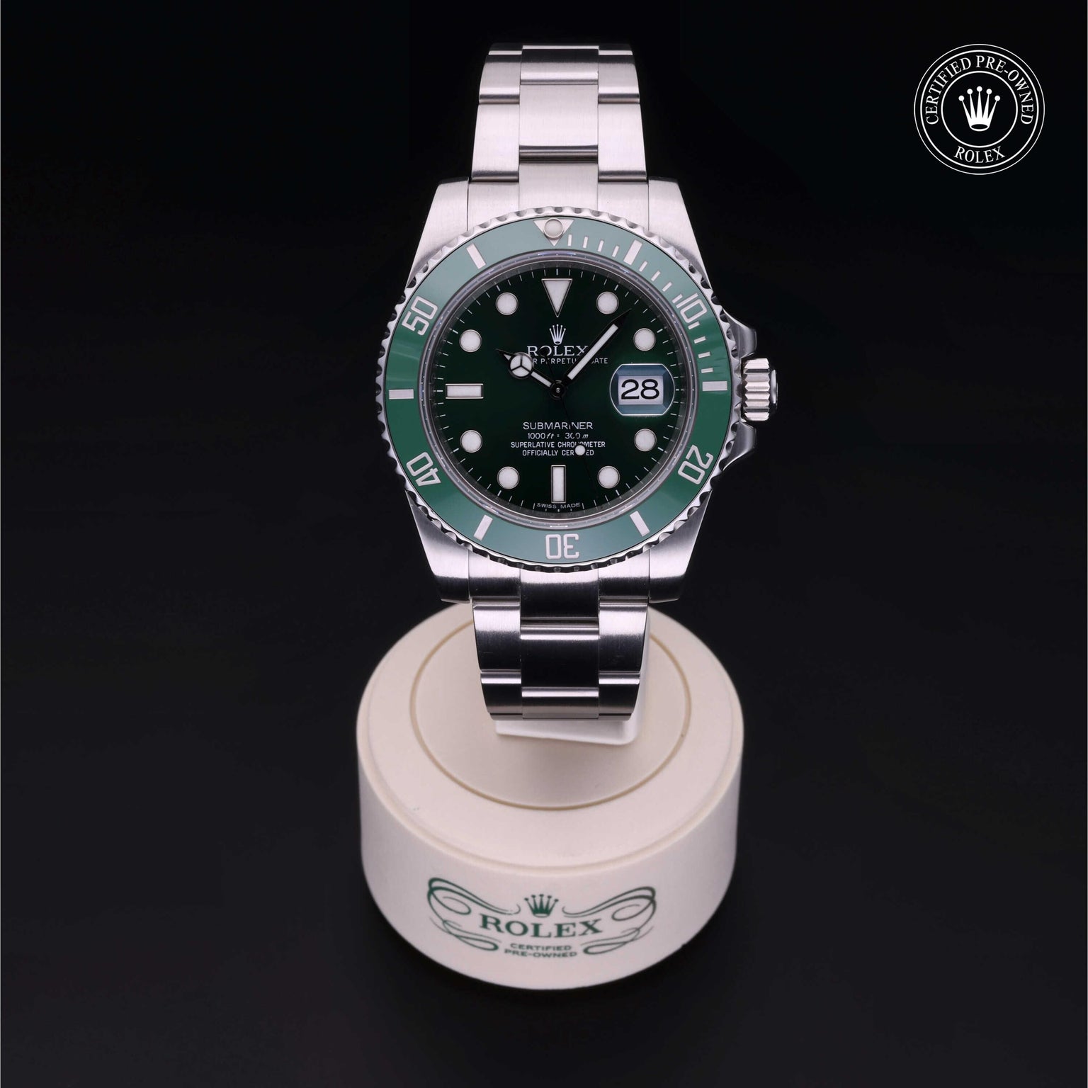 Rolex Certified Pre-owned Submariner M116610LV-0002 front on black background