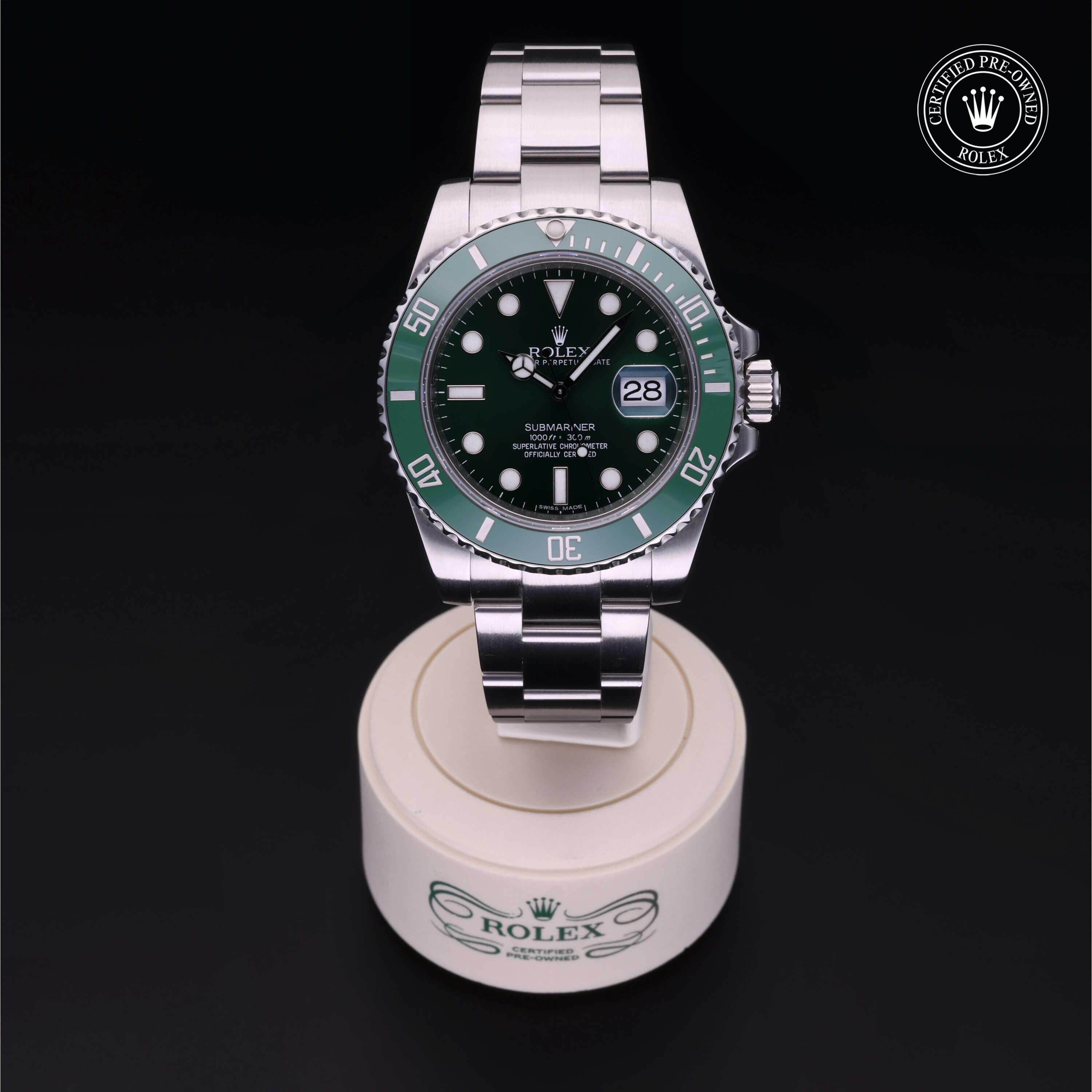 Rolex Certified Pre-owned Submariner M116610LV-0002 front on black background