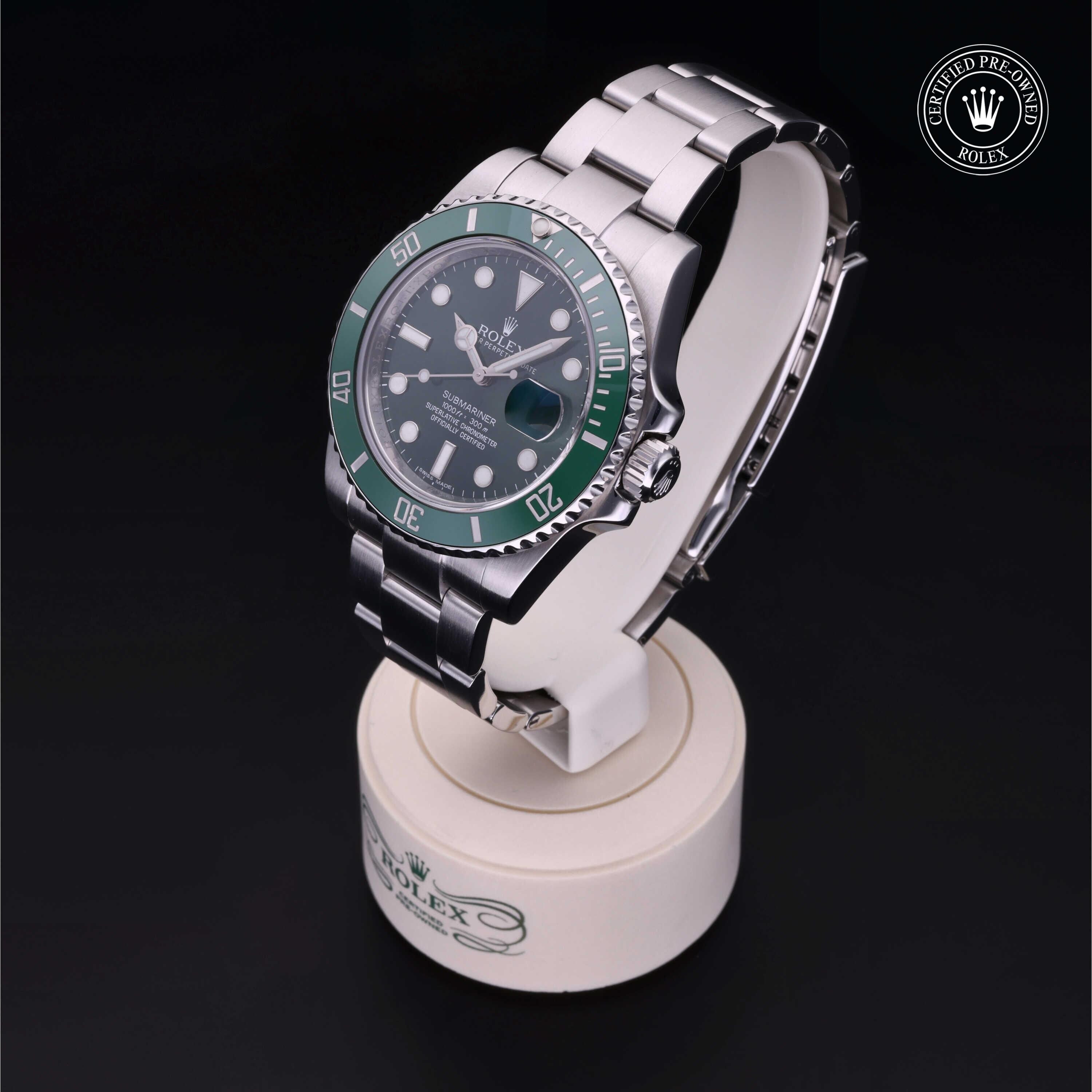Rolex Certified Pre-owned Submariner M116610LV-0002 front on black background