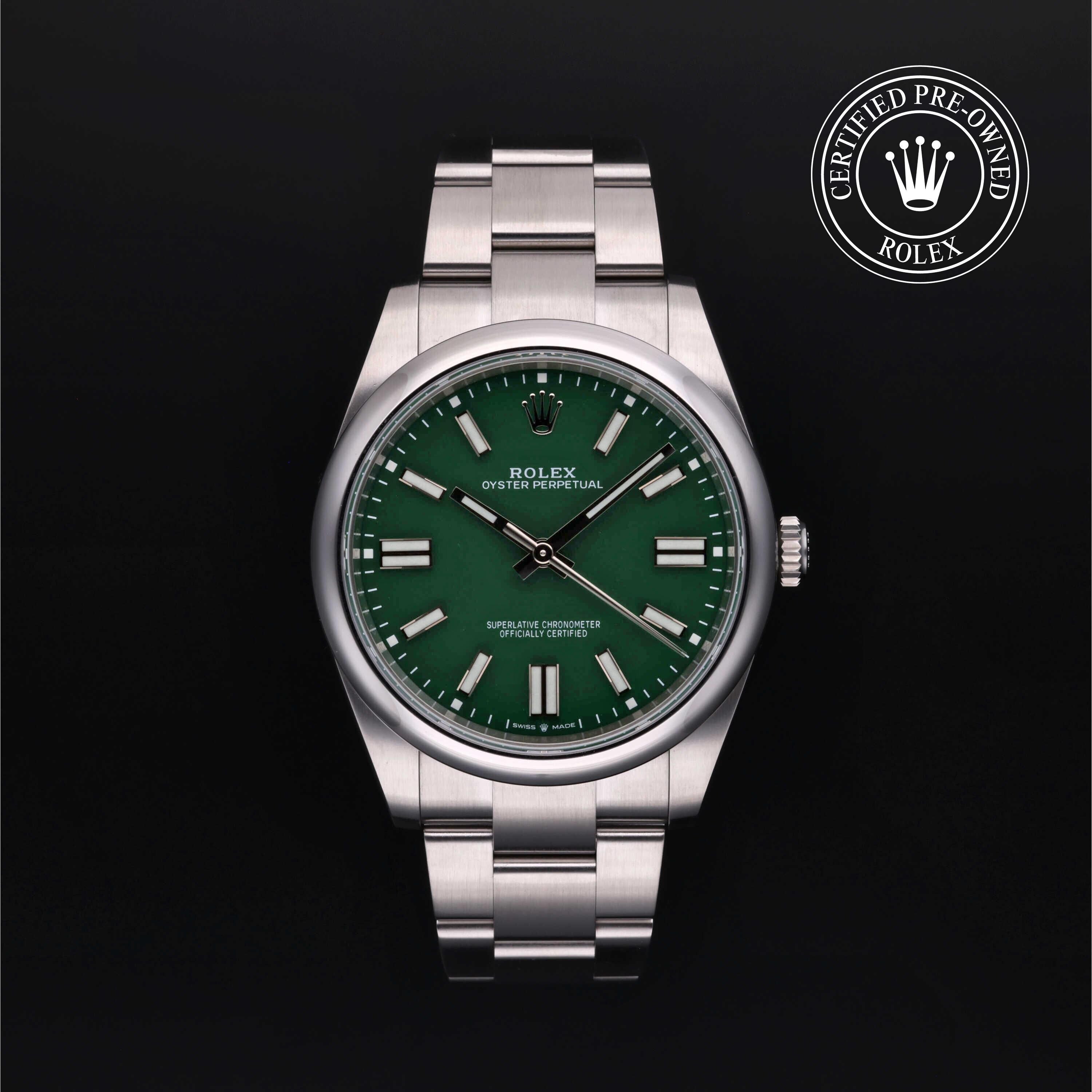 Rolex Certified Pre-owned Oyster Perpetual M124300-0005 front on black background