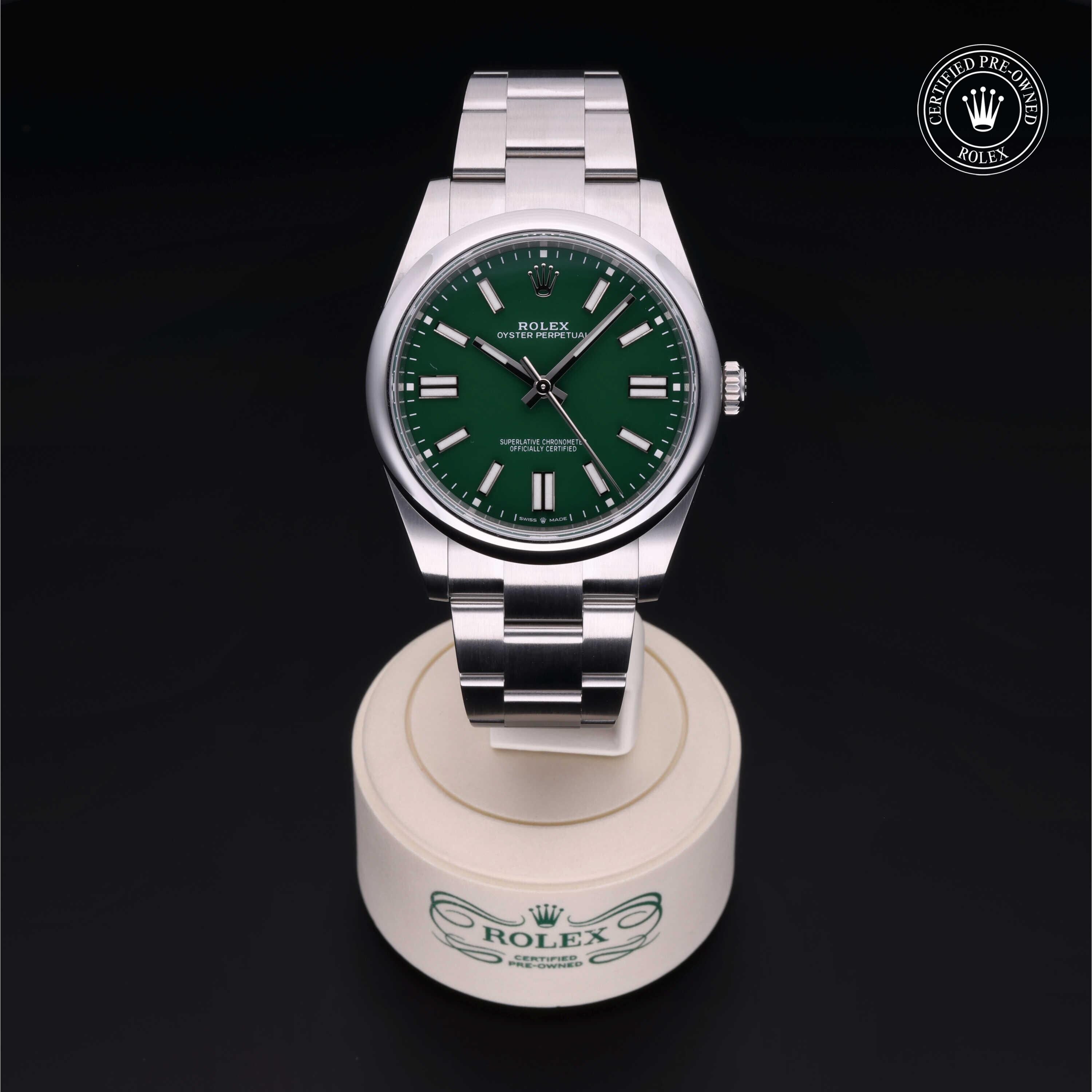 Rolex Certified Pre-owned Oyster Perpetual M124300-0005 front on black background