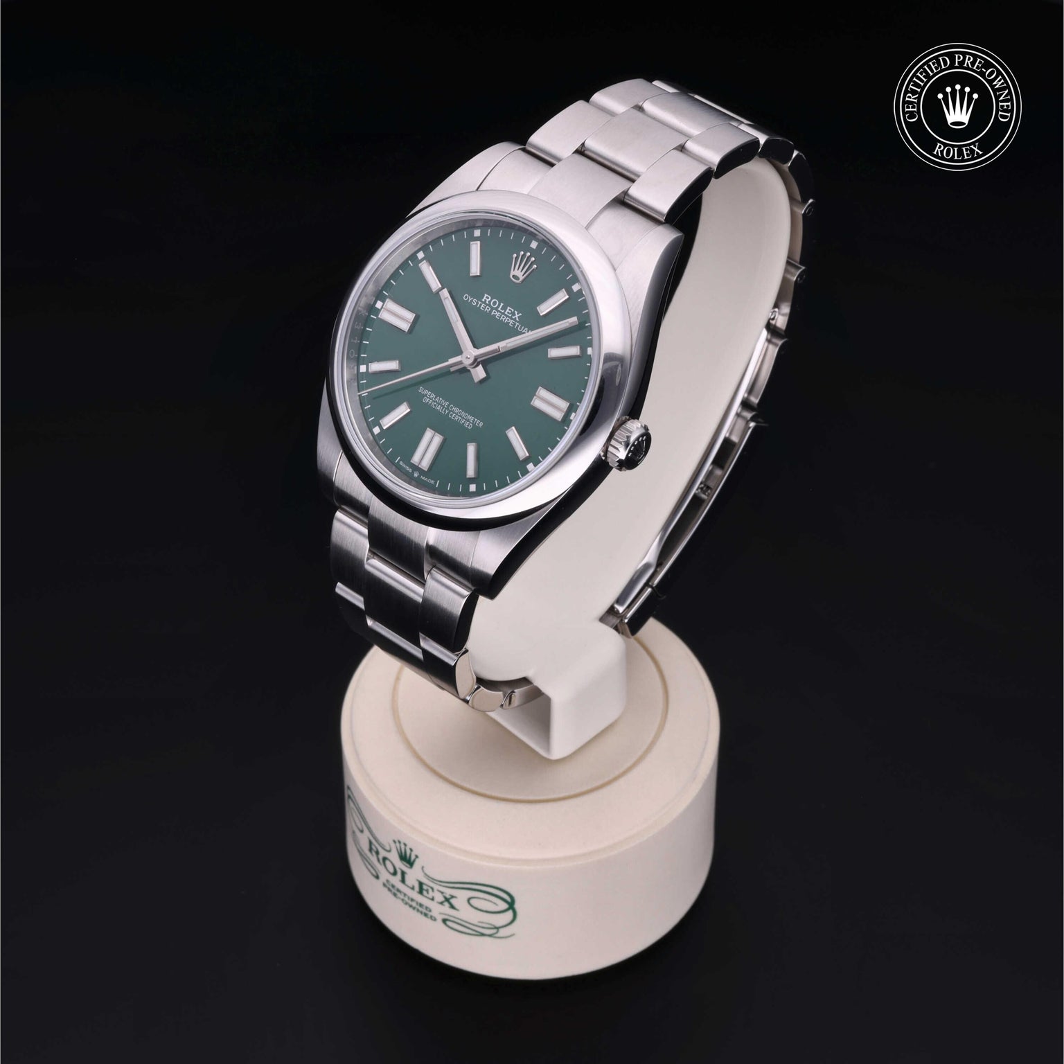 Rolex Certified Pre-owned Oyster Perpetual M124300-0005 front on black background