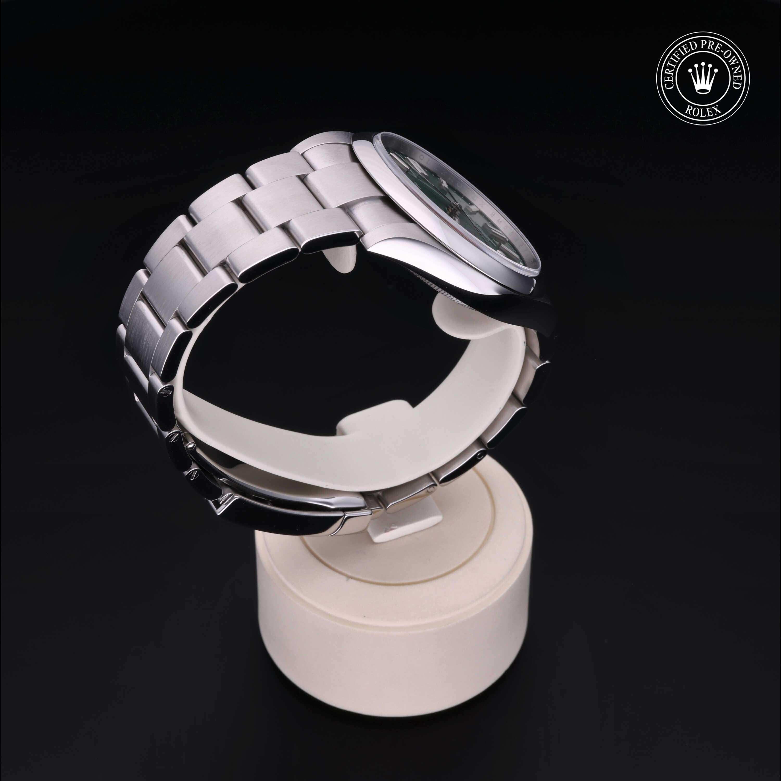 Rolex Certified Pre-owned Oyster Perpetual M124300-0005 front on black background