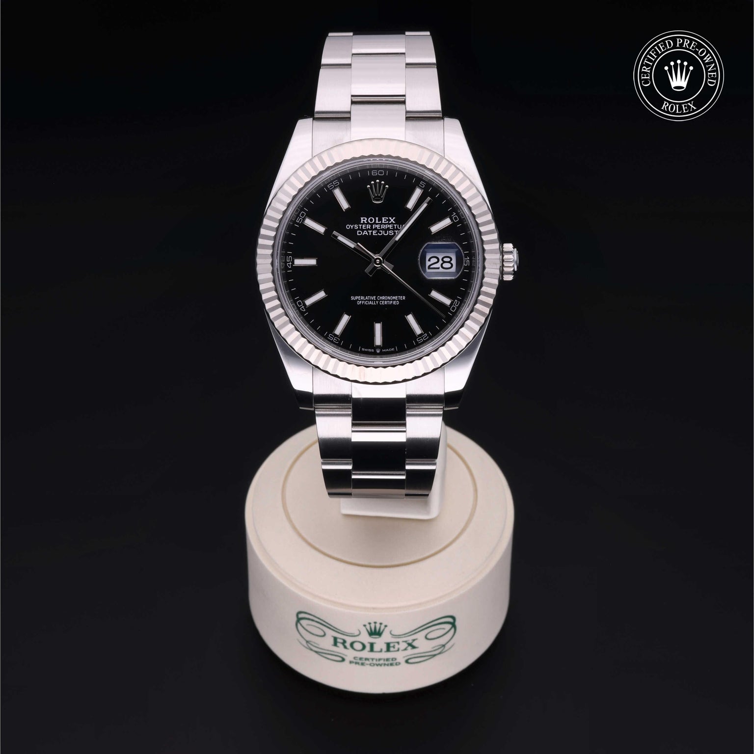 Rolex Certified Pre-owned Datejust M126334-0015 front on black background