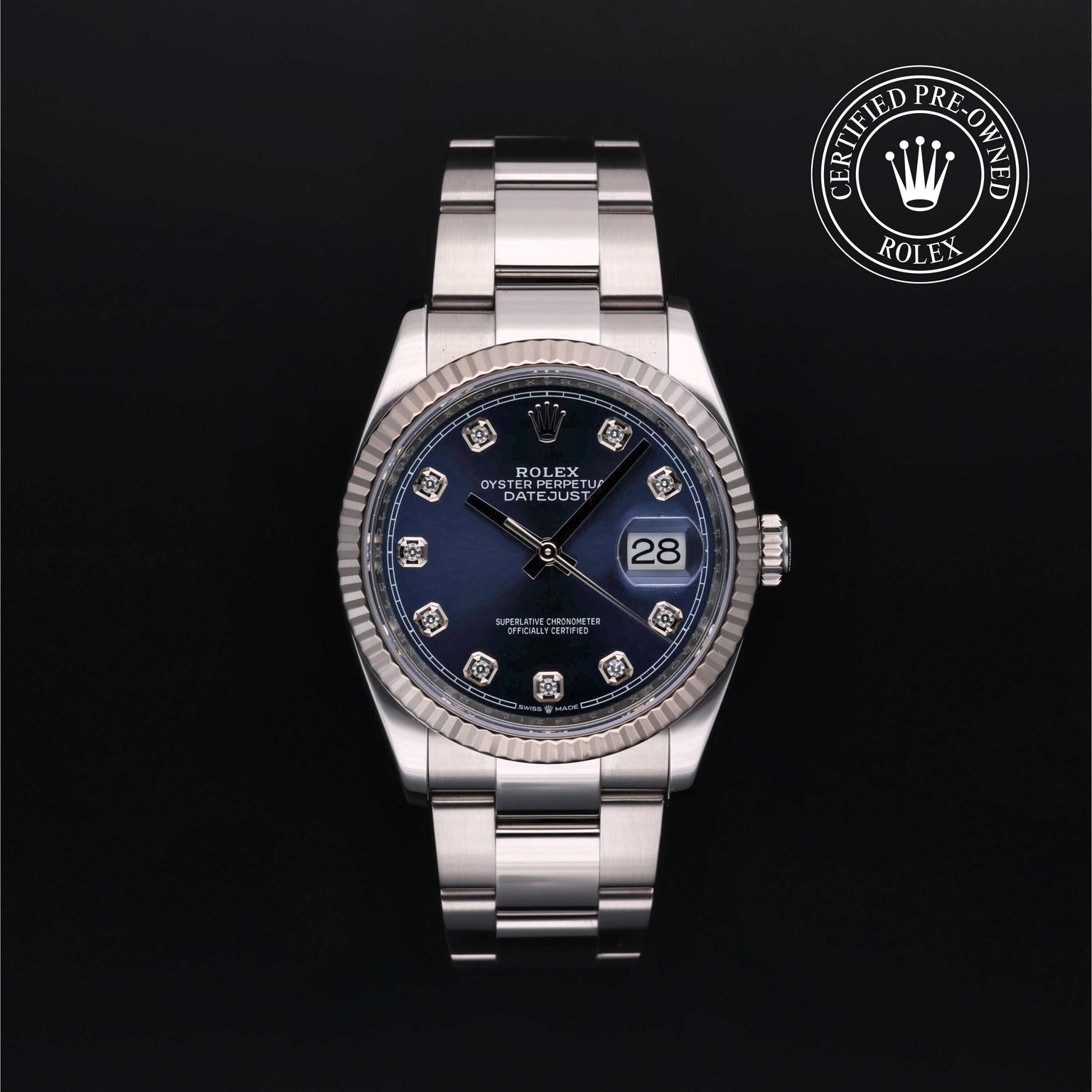 Rolex Certified Pre-owned Datejust M126234-0038 front on black background