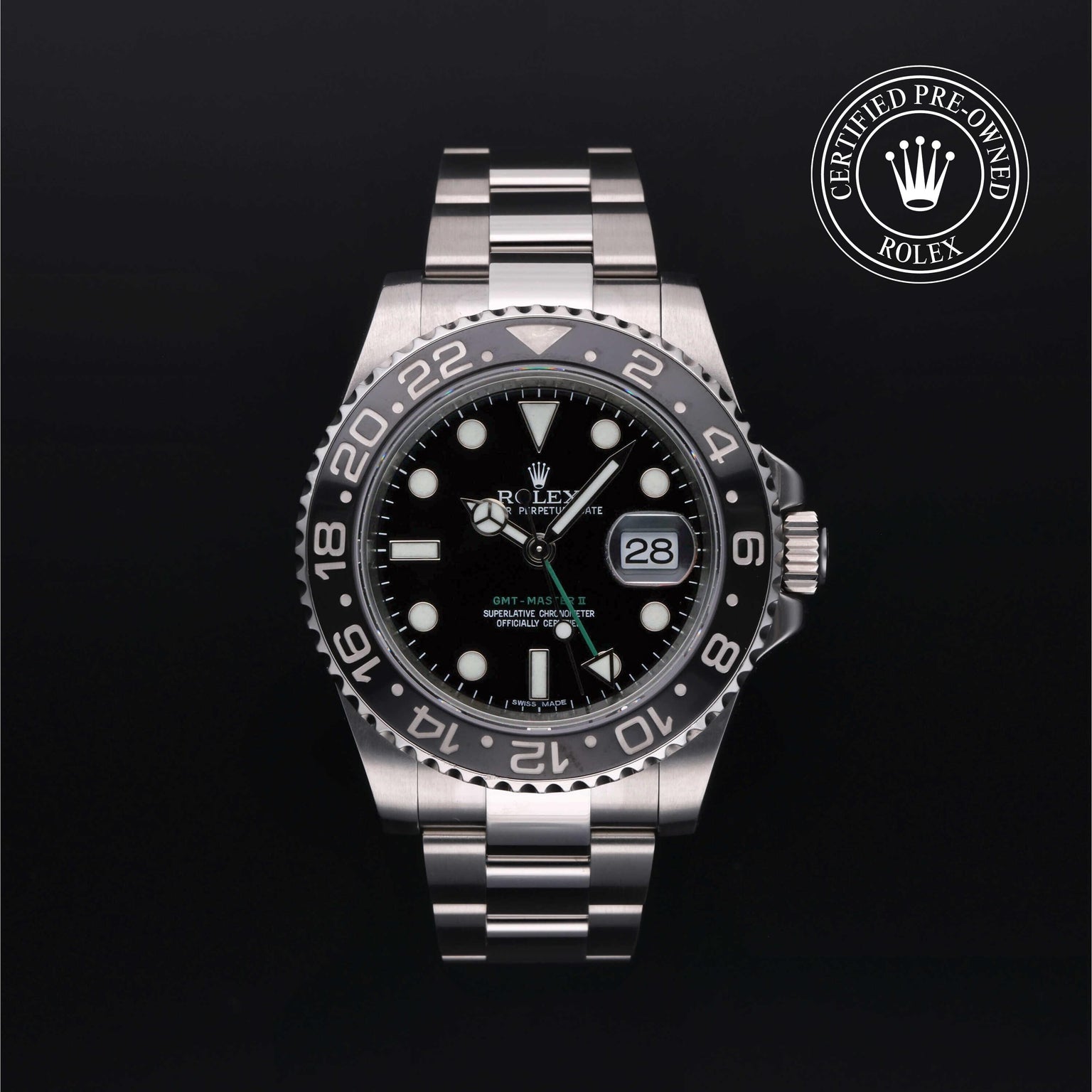 Rolex Certified Pre-owned GMT M116710LN-0001 front on black background