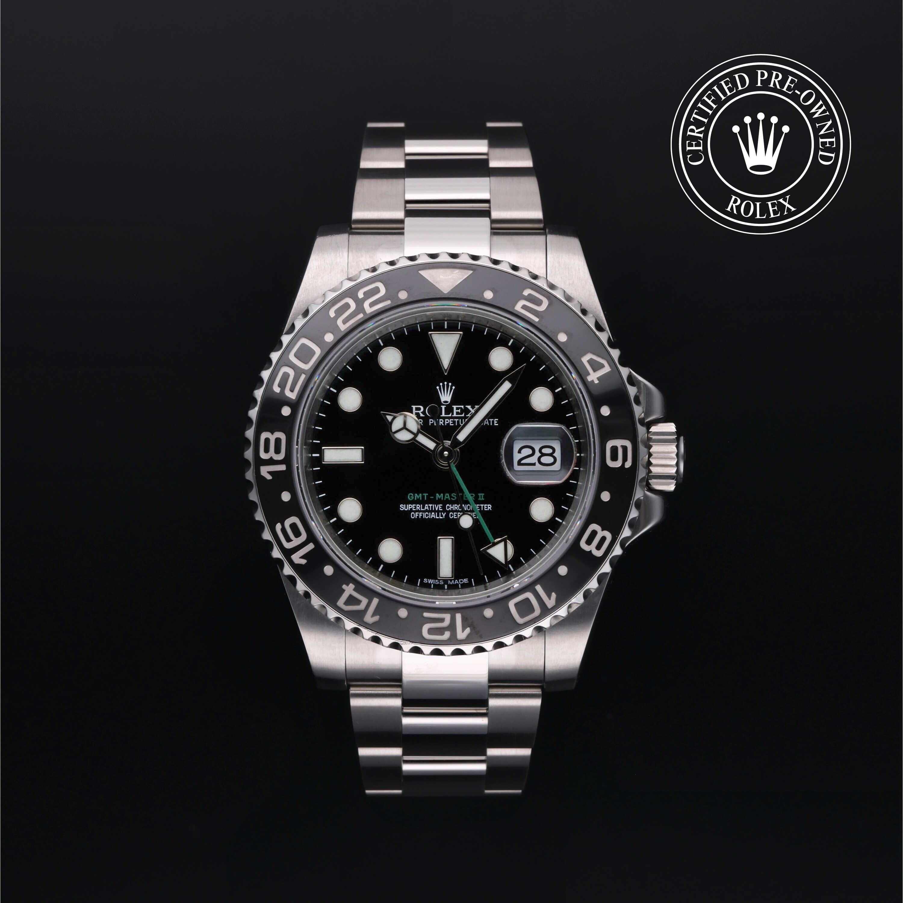 Rolex Certified Pre-owned GMT M116710LN-0001 front on black background