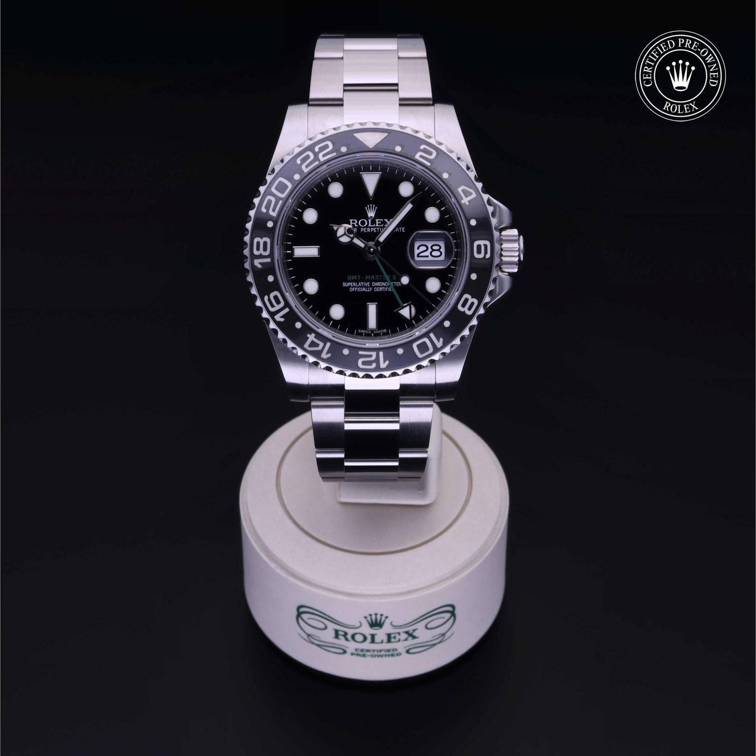 Rolex Certified Pre-owned GMT M116710LN-0001 front on black background