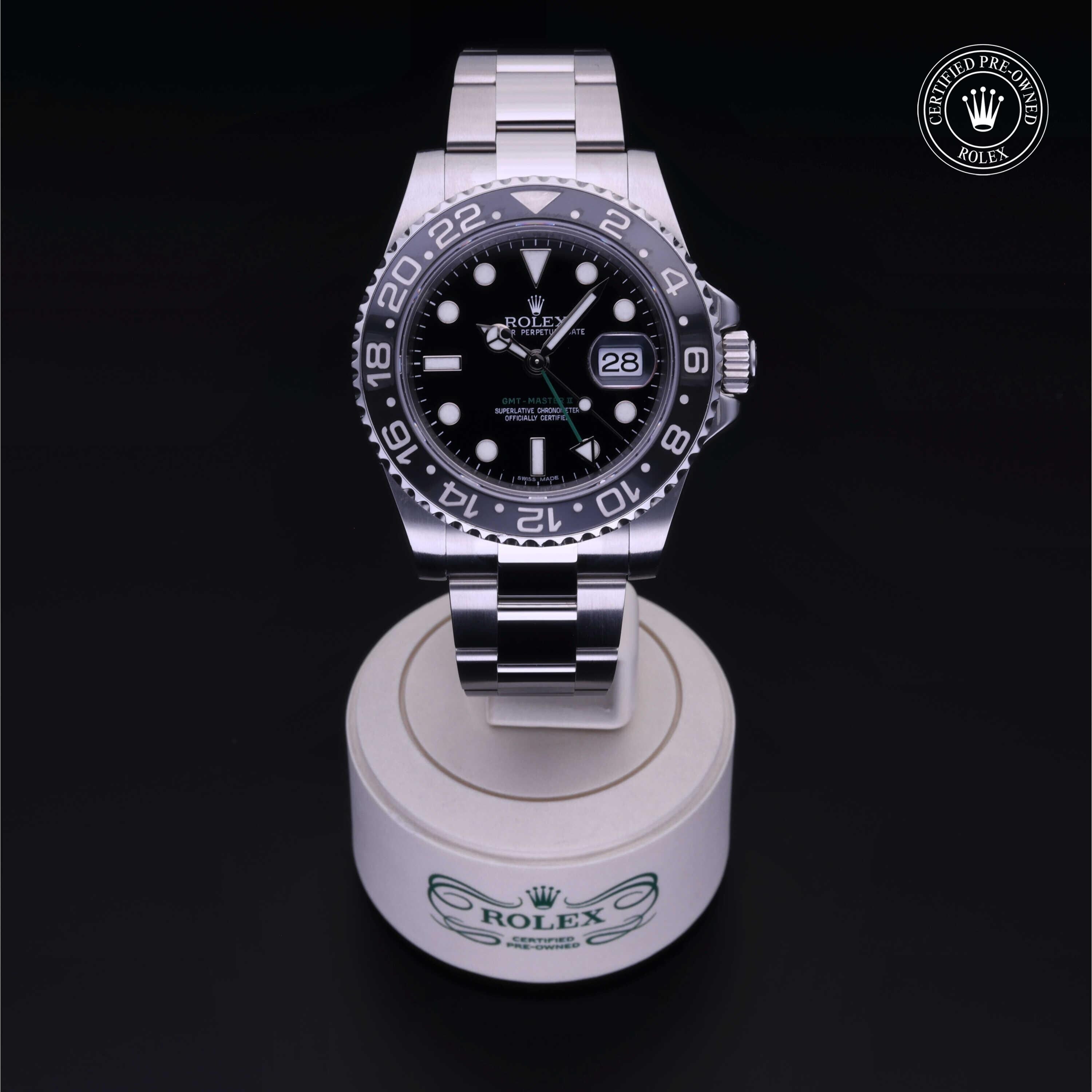 Rolex Certified Pre-owned GMT M116710LN-0001 front on black background