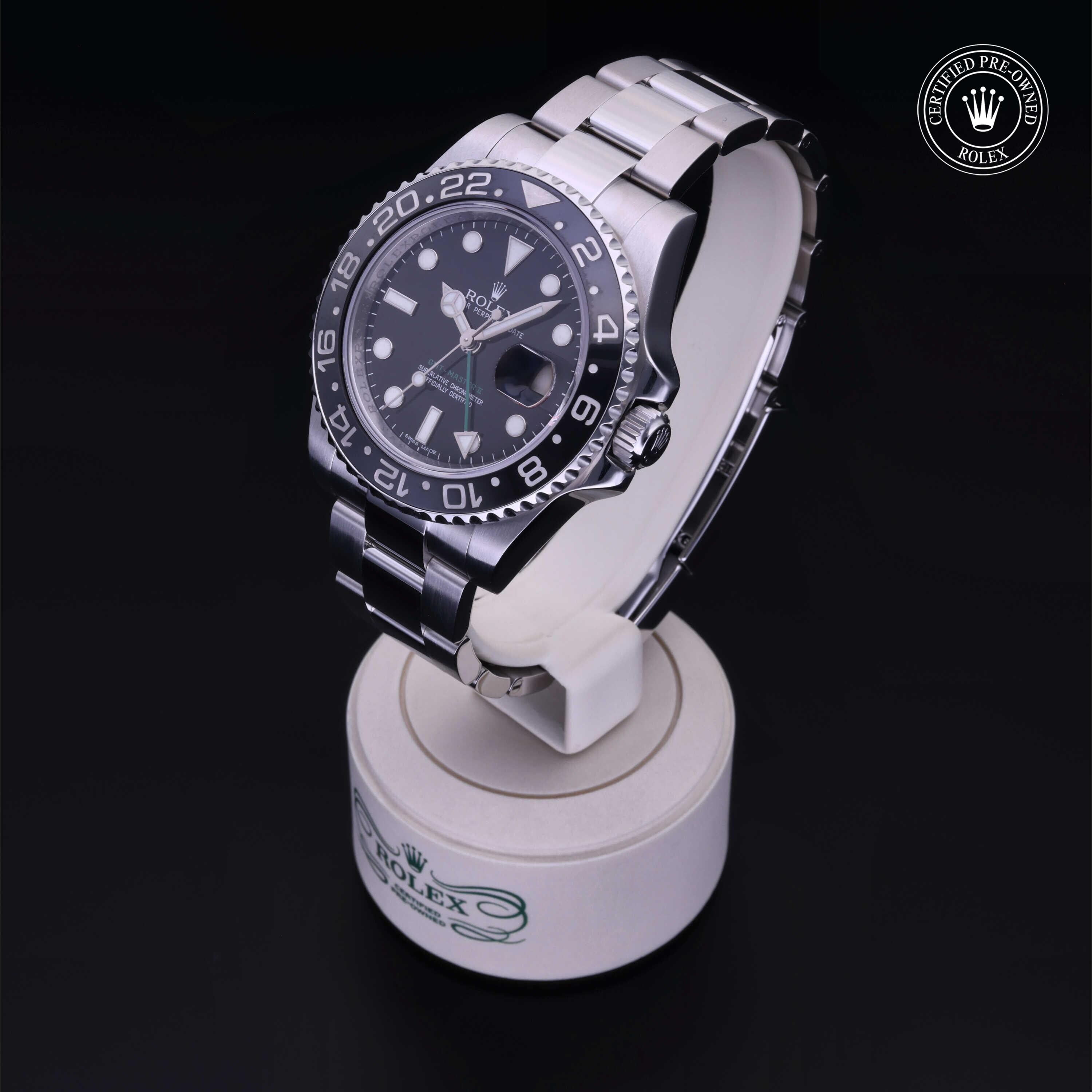 Rolex Certified Pre-owned GMT M116710LN-0001 front on black background