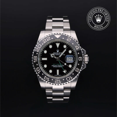 Rolex Certified Pre-owned GMT M116710LN-0001 front on black background