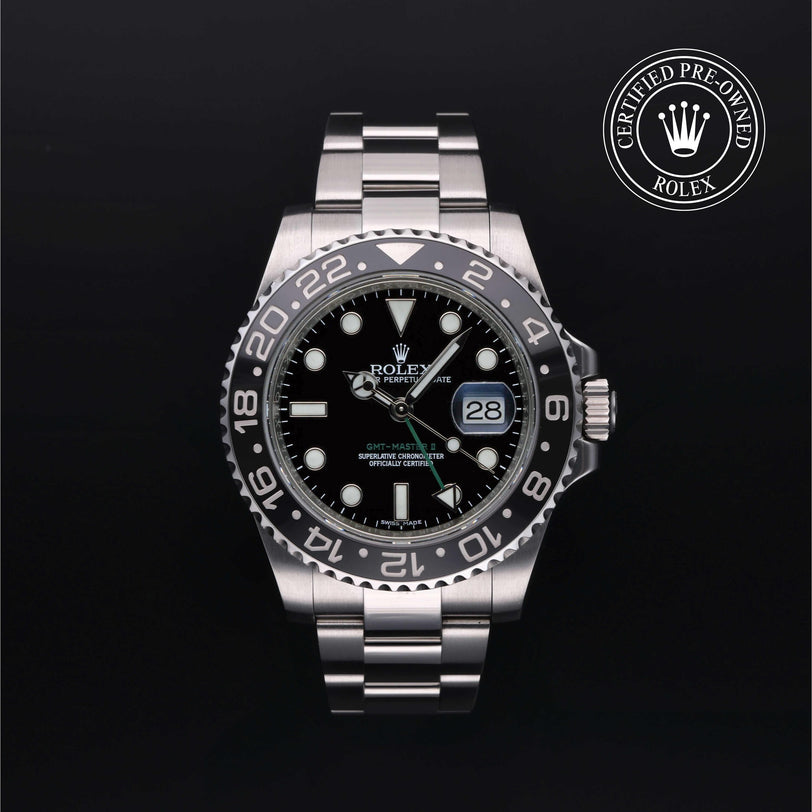 Rolex Certified Pre-owned GMT M116710LN-0001 front on black background