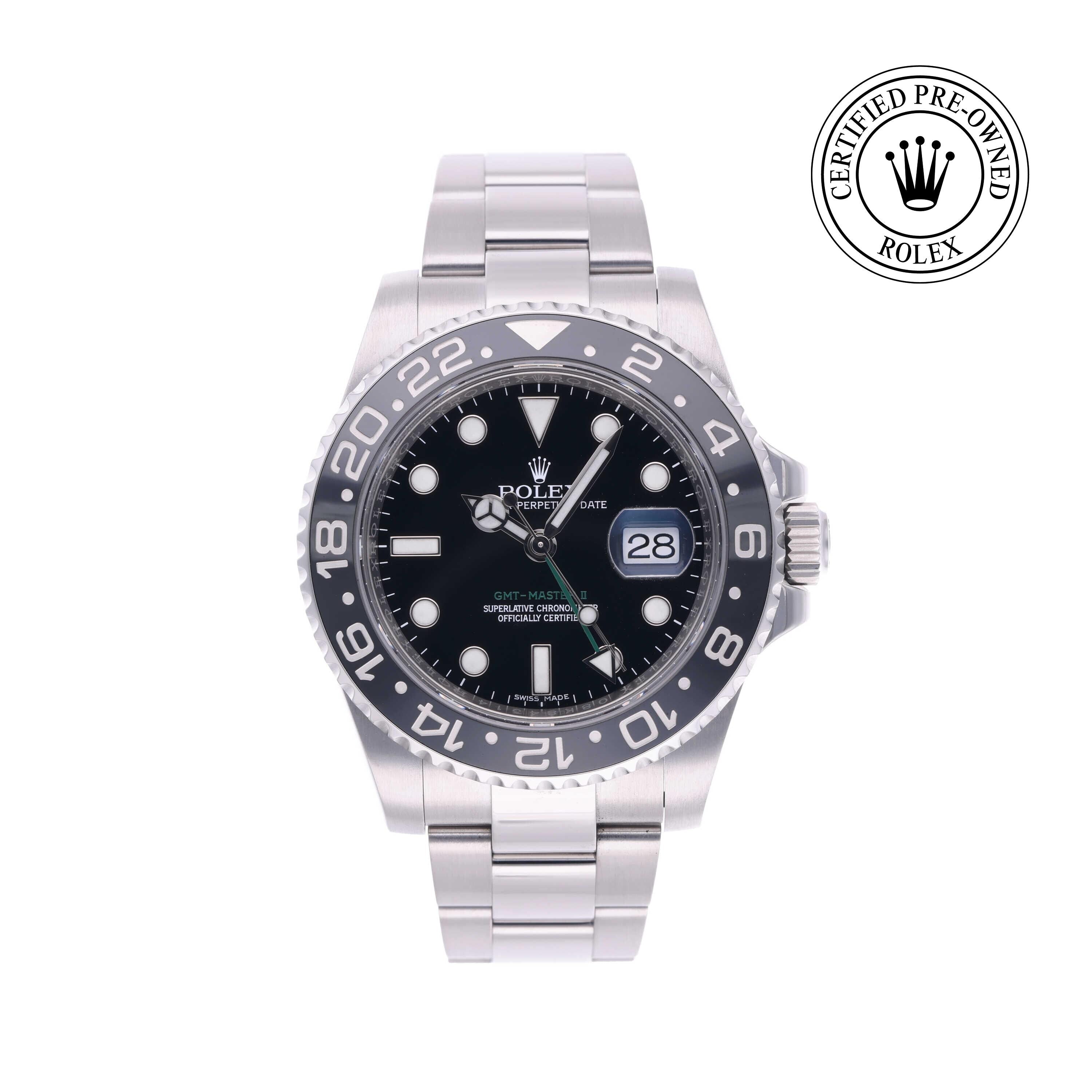 Rolex Certified Pre-owned GMT M116710LN-0001 front on white background
