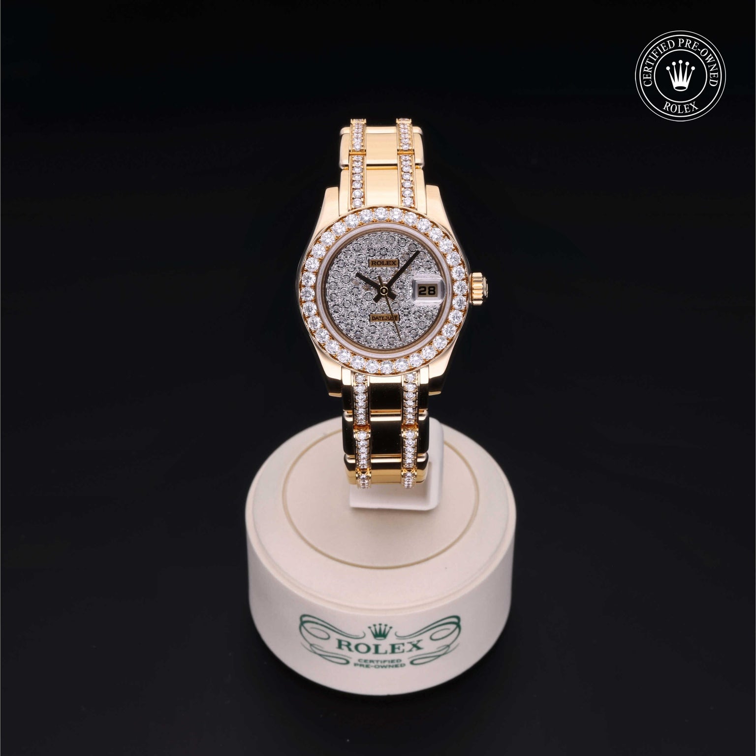 Rolex Certified Pre-owned Pearlmaster M80298-0147 front on black background