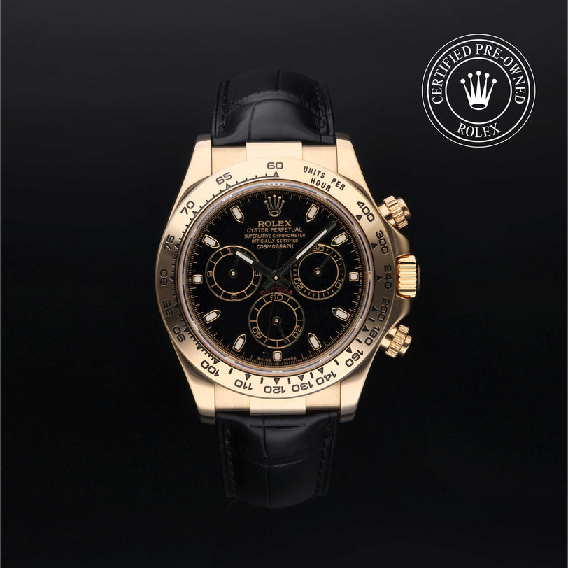 Rolex Certified Pre-owned Daytona M116518-0036 front on black background