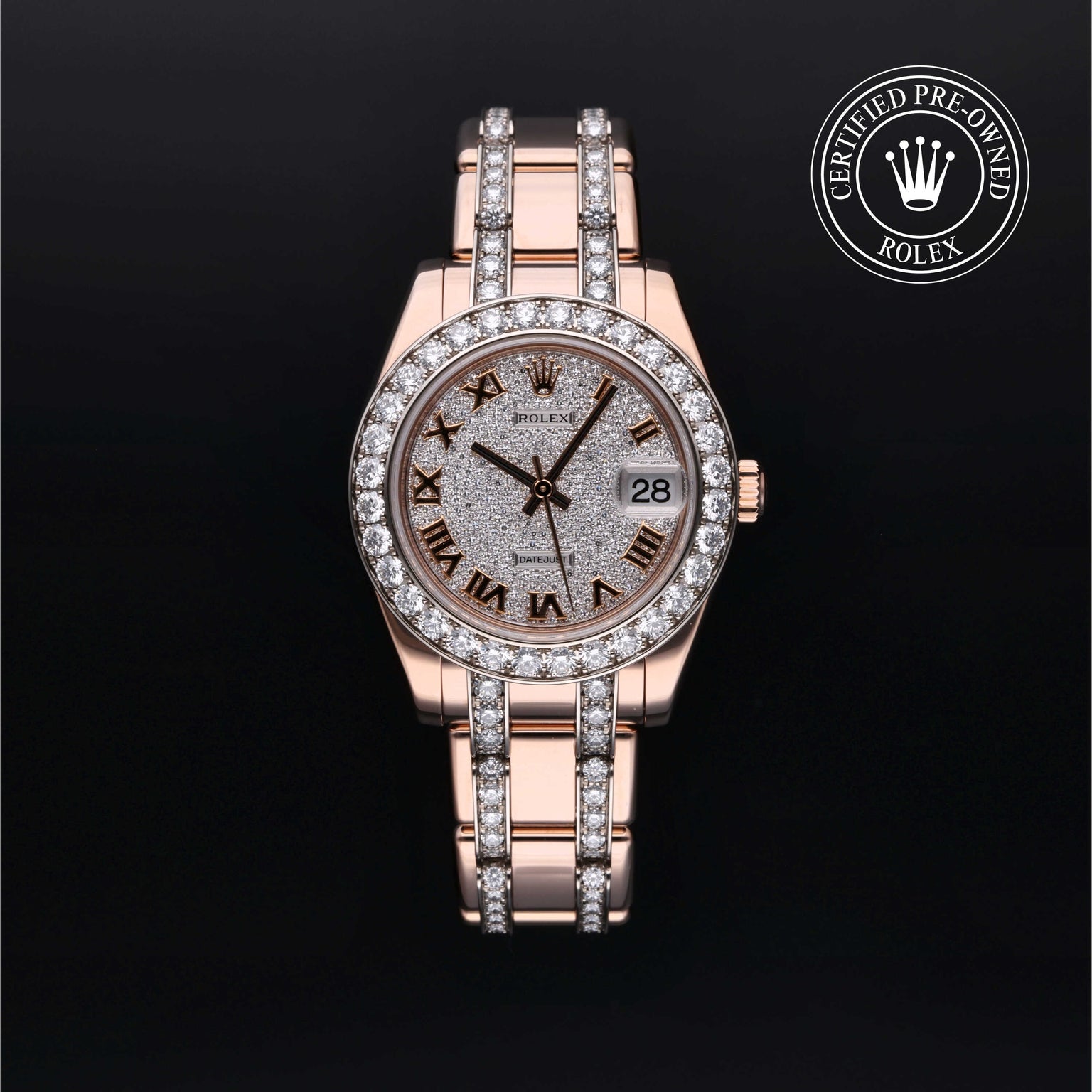 Rolex Certified Pre-owned Pearlmaster M81285-0013 front on black background