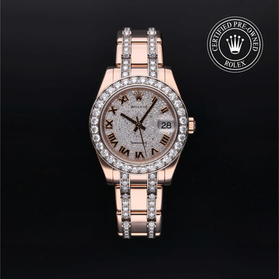 Rolex Certified Pre-owned Pearlmaster M81285-0013 front on black background