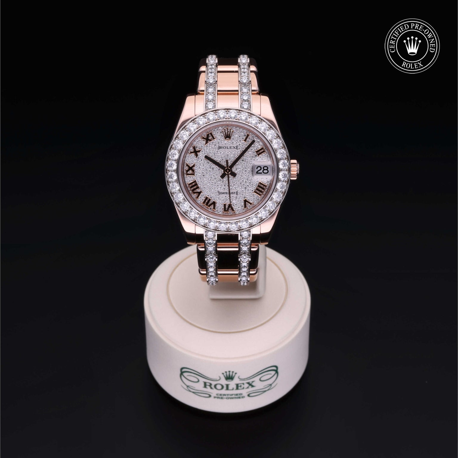 Rolex Certified Pre-owned Pearlmaster M81285-0013 front on black background