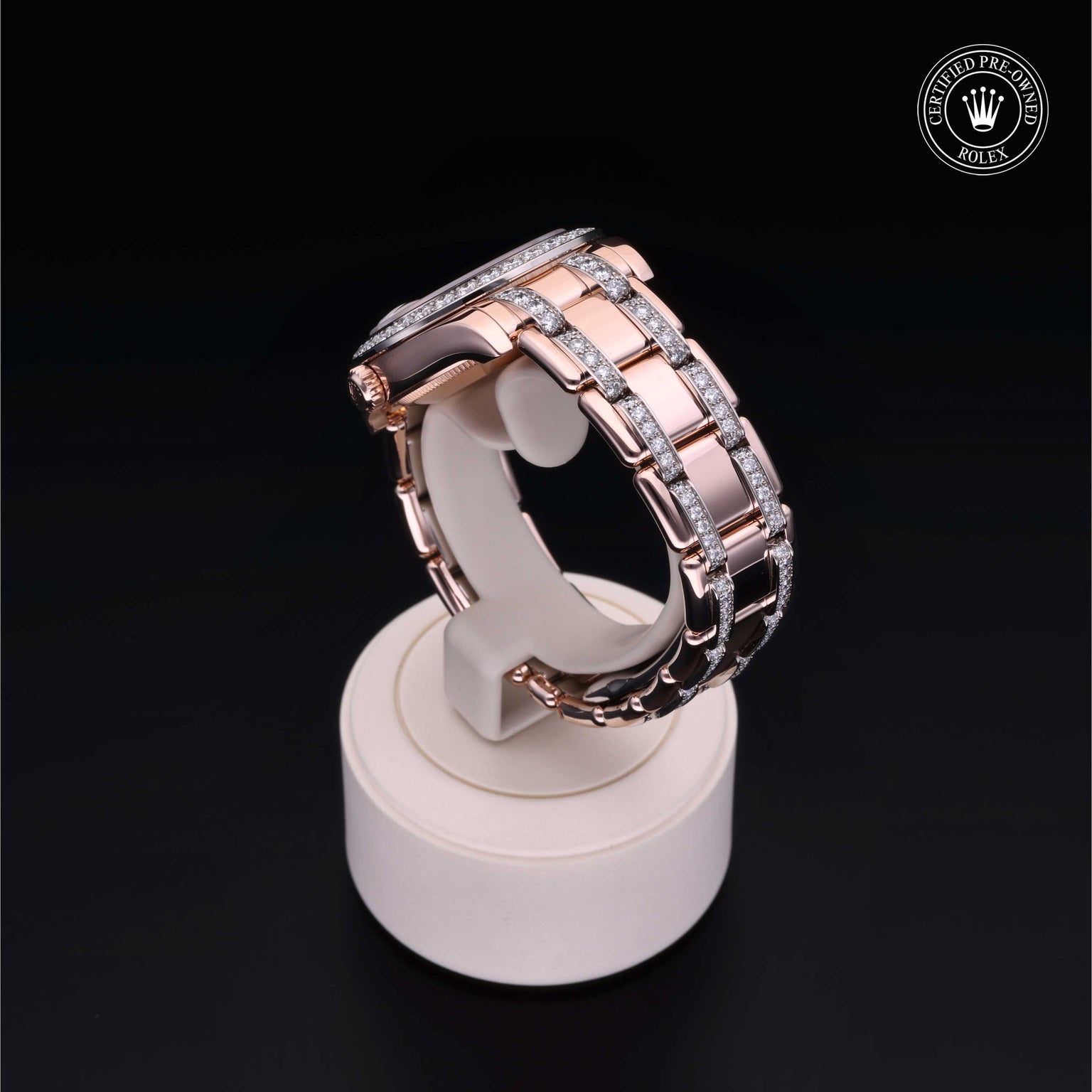 Rolex Certified Pre-owned Pearlmaster M81285-0013 front on black background