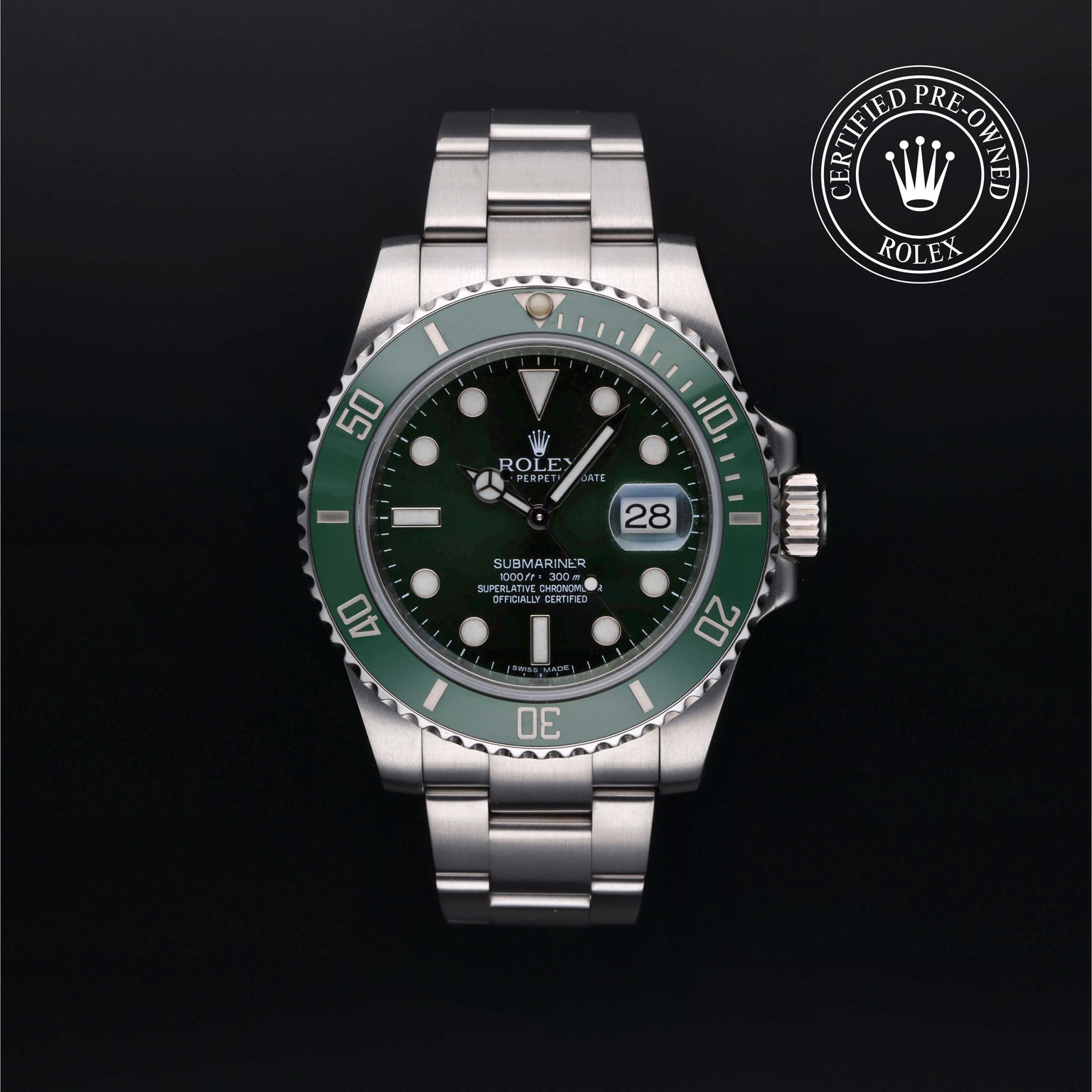 Rolex Certified Pre-owned Submariner Date M116610LV-0002 front on black background