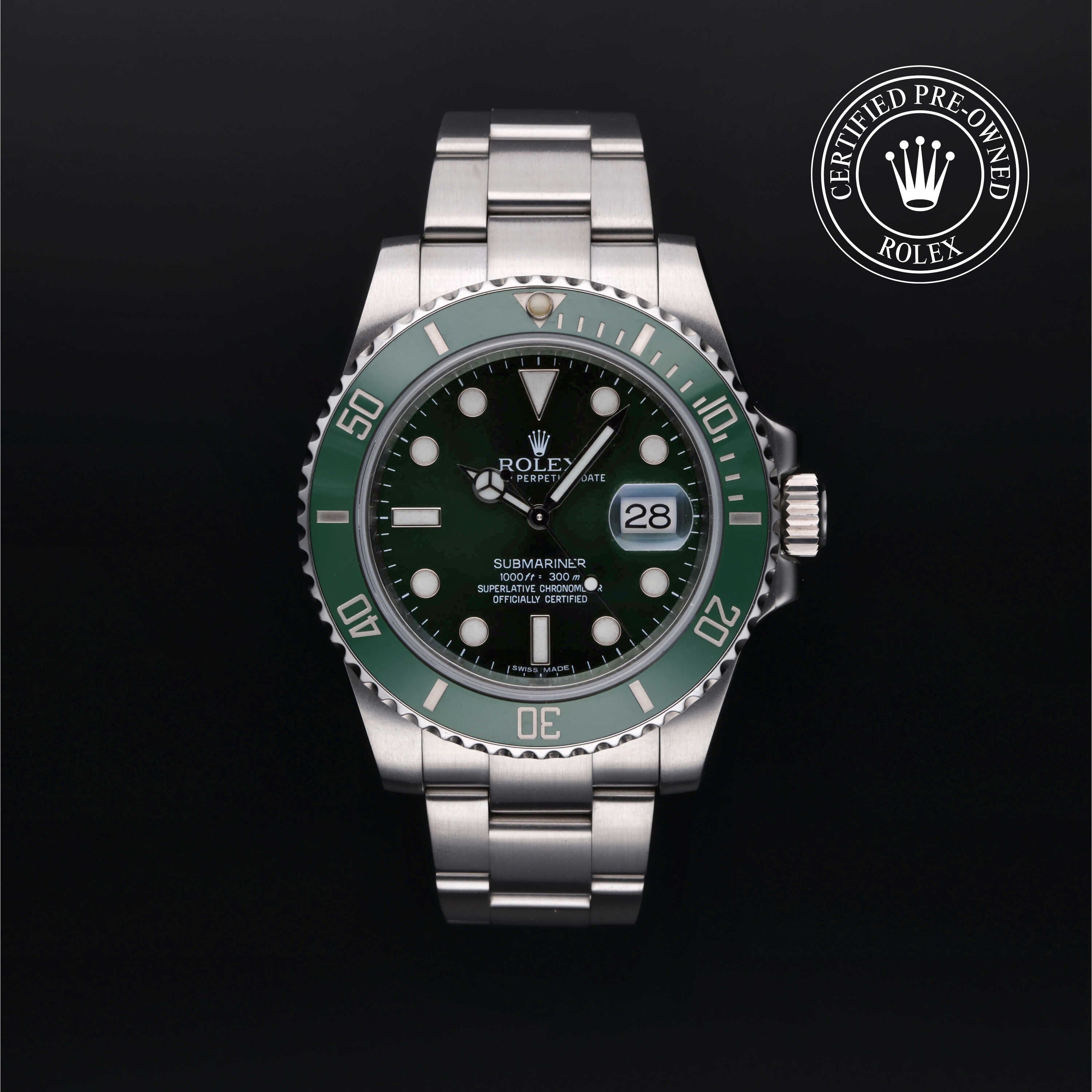 Rolex Certified Pre-owned Submariner Date M116610LV-0002 front on black background