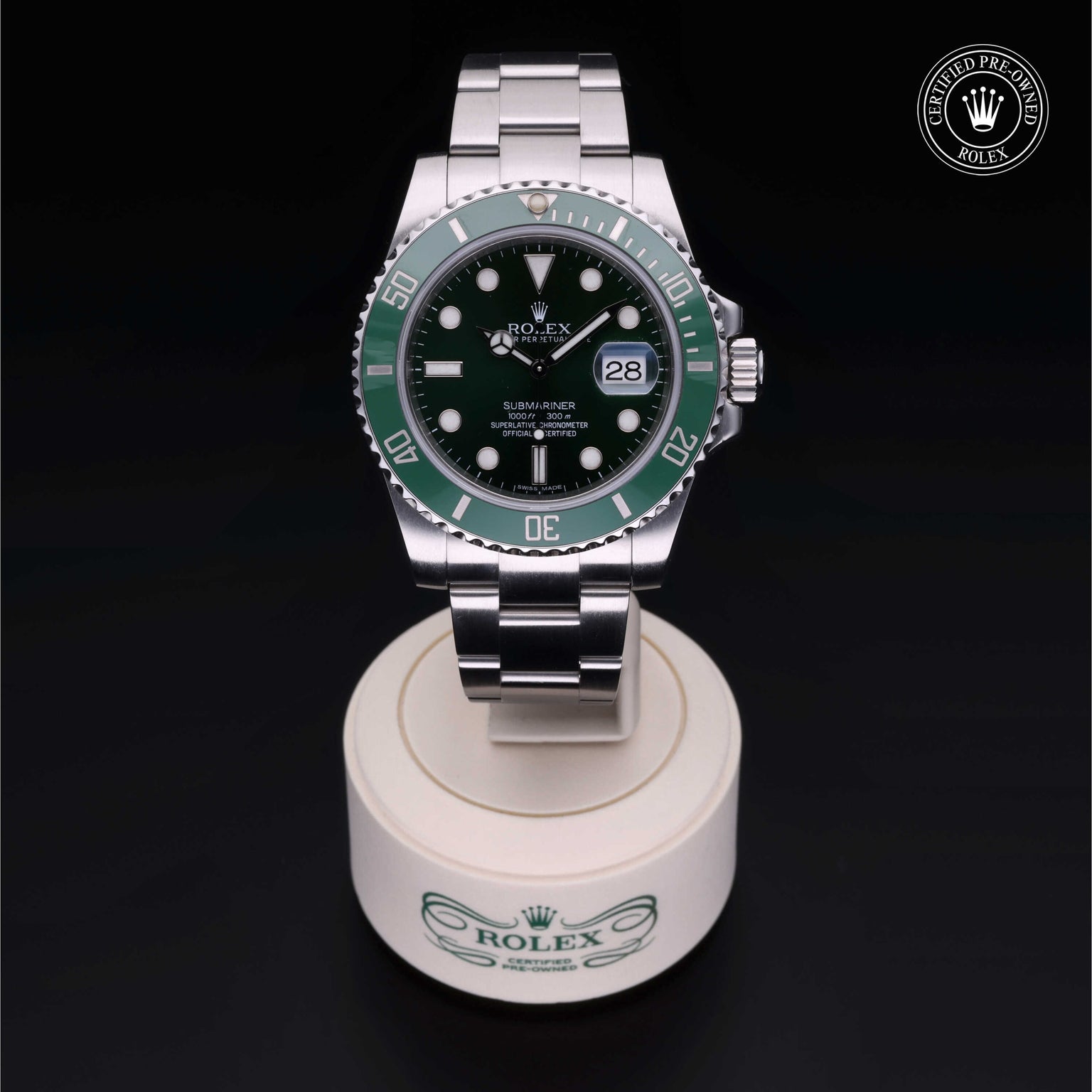 Rolex Certified Pre-owned Submariner Date M116610LV-0002 front on black background