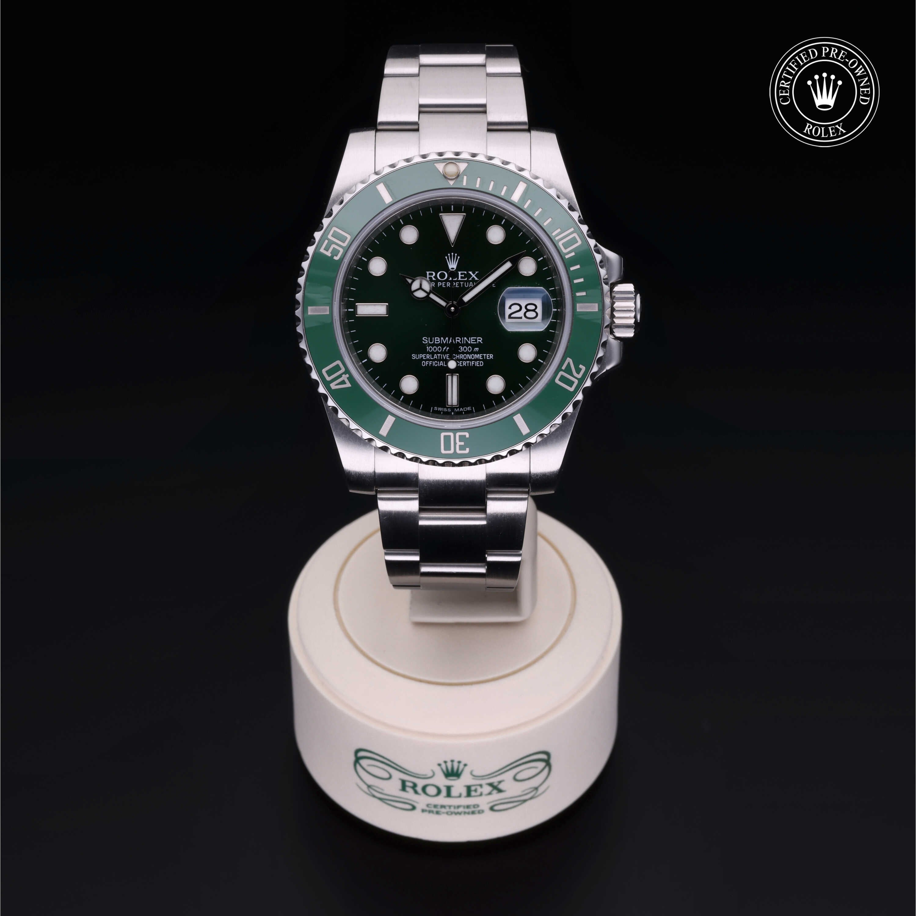 Rolex Certified Pre-owned Submariner Date M116610LV-0002 front on black background