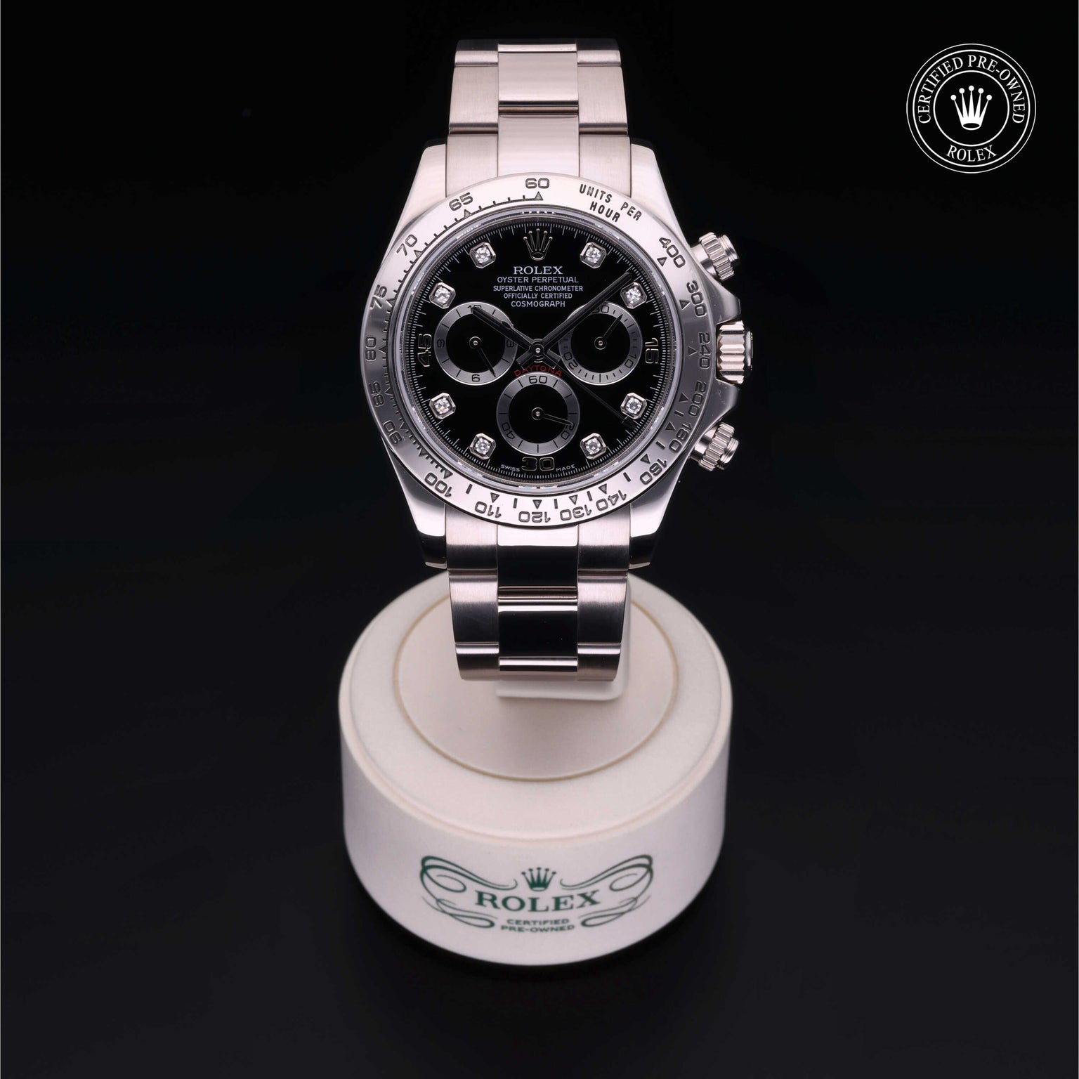 Rolex Certified Pre-owned Daytona M116509-0014 front on black background
