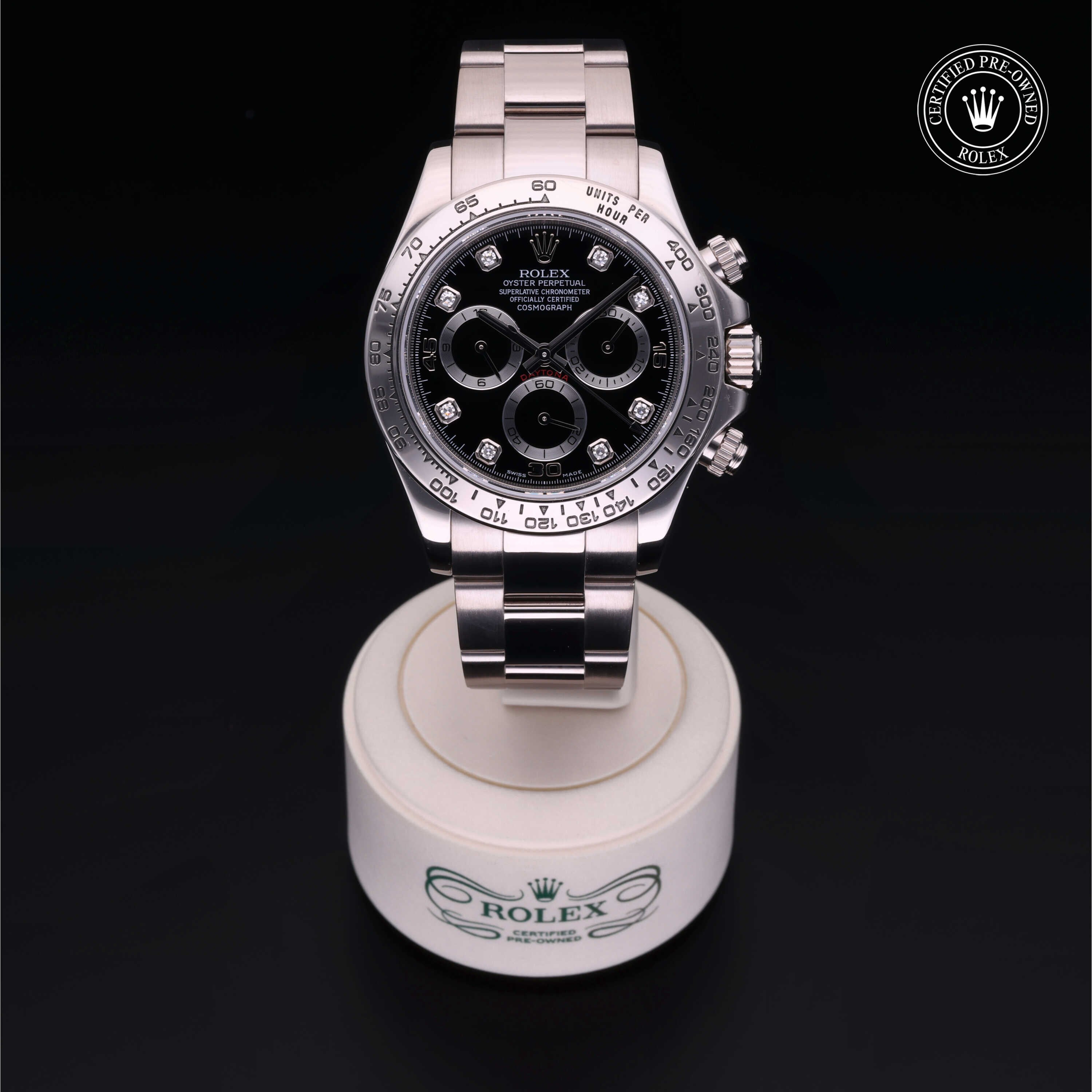 Rolex Certified Pre-owned Daytona M116509-0014 front on black background