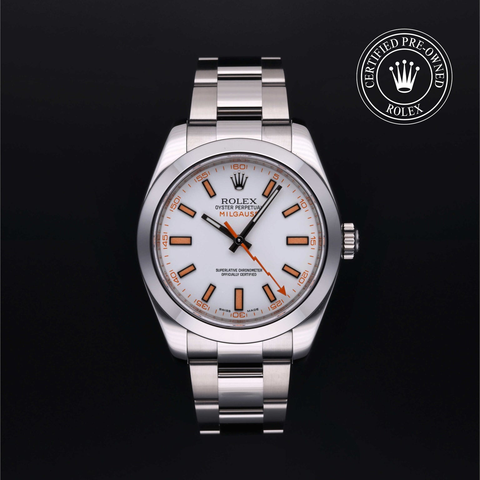 Rolex Certified Pre-owned Milgauss M116400-0002 front on black background