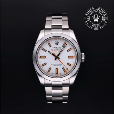 Rolex Certified Pre-owned Milgauss M116400-0002 front on black background