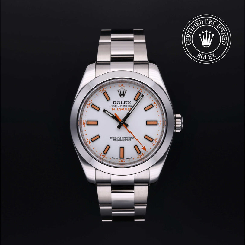 Rolex Certified Pre-owned Milgauss M116400-0002 front on black background