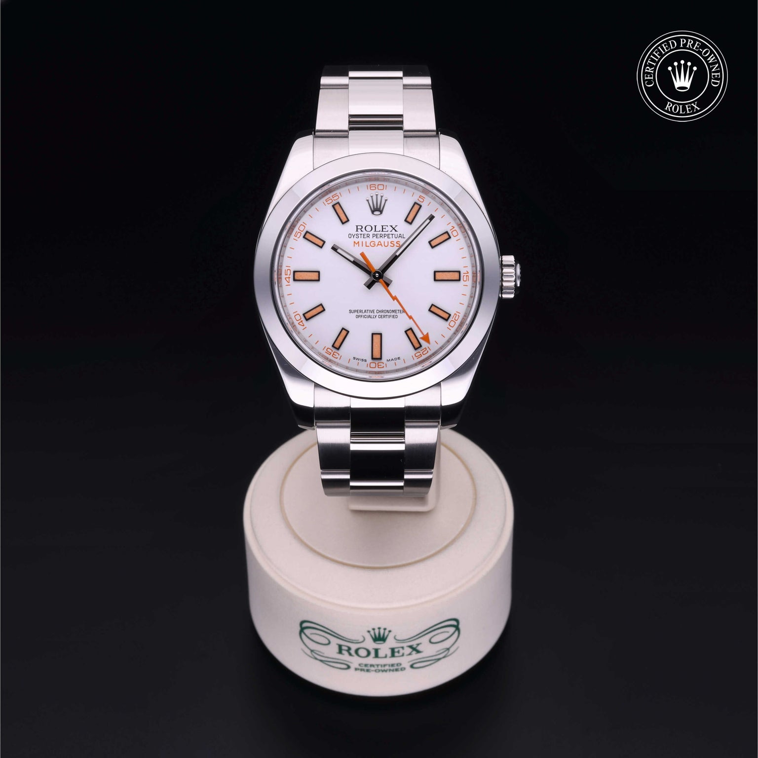 Rolex Certified Pre-owned Milgauss M116400-0002 front on black background