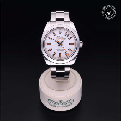 Rolex Certified Pre-owned Milgauss M116400-0002 front on black background