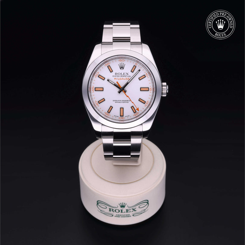 Rolex Certified Pre-owned Milgauss M116400-0002 front on black background