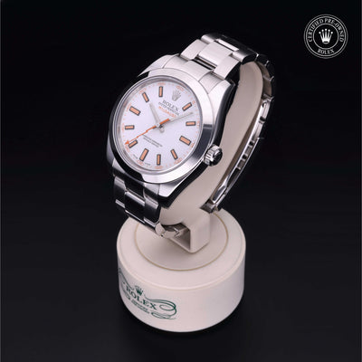 Rolex Certified Pre-owned Milgauss M116400-0002 front on black background