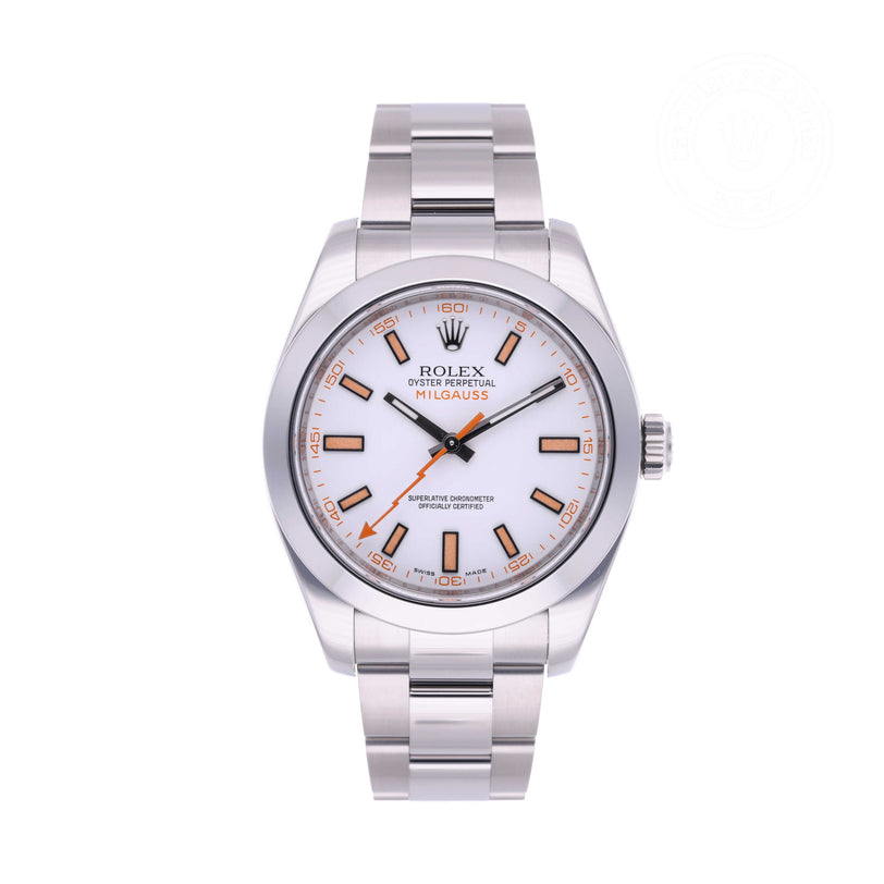 Rolex Certified Pre-owned Milgauss M116400-0002 front on white background