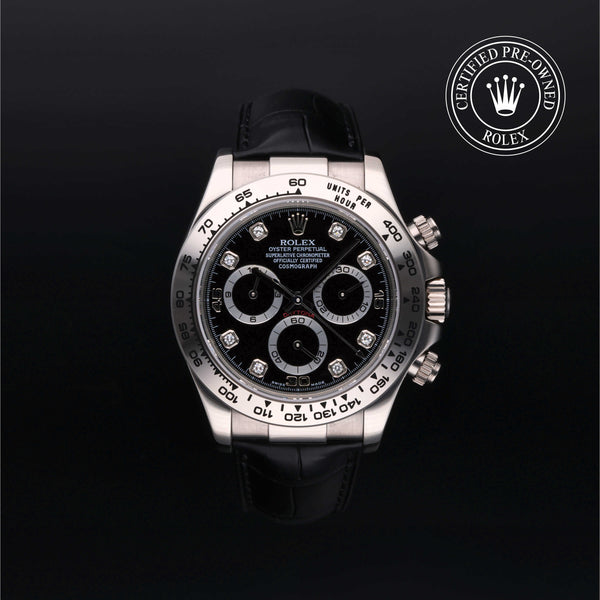 Rolex Certified Pre-owned Daytona M116519-0042 front on black background