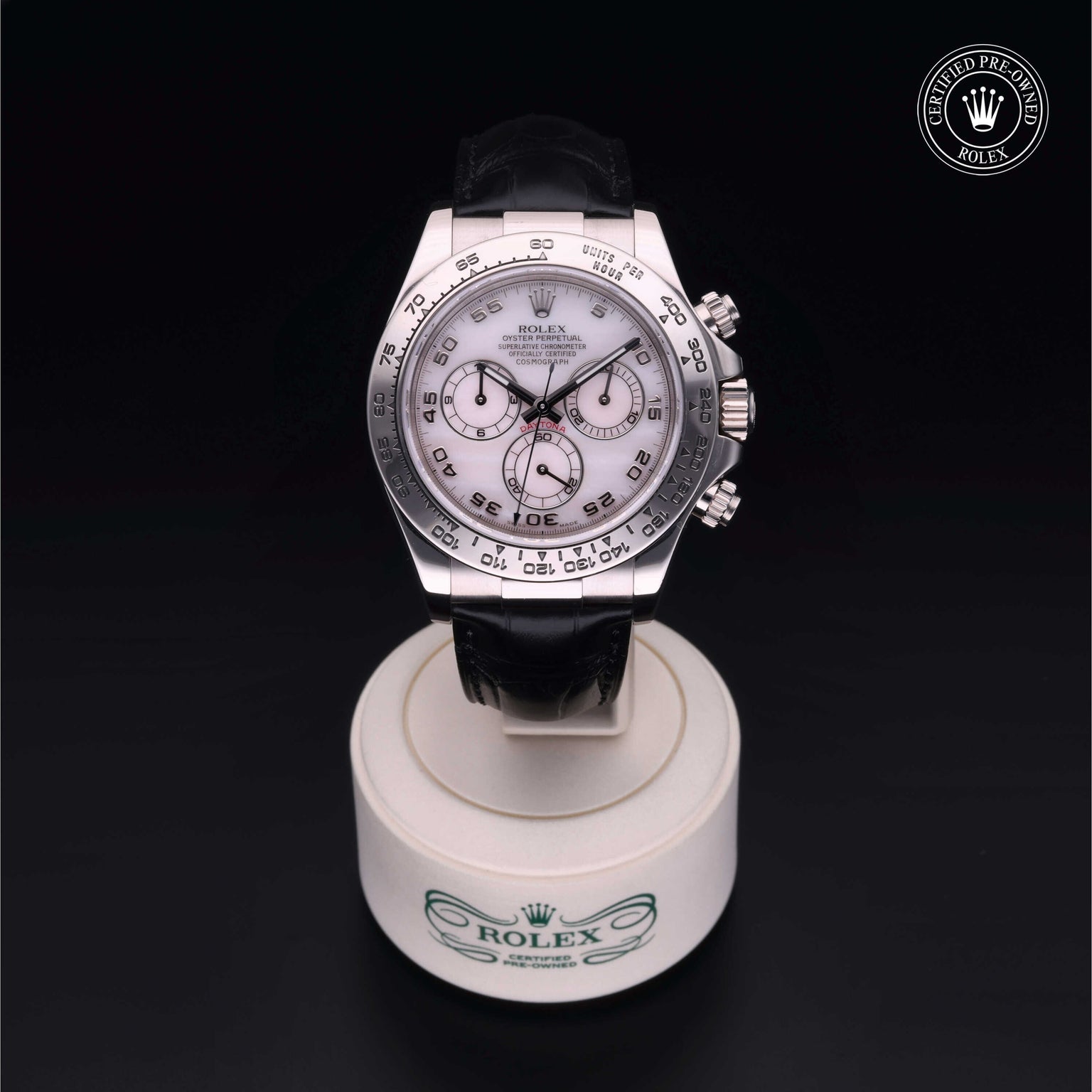 Rolex Certified Pre-owned Daytona M116519-0046 front on black background