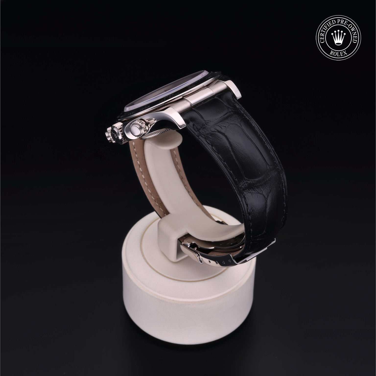 Rolex Certified Pre-owned Daytona M116519-0046 front on black background