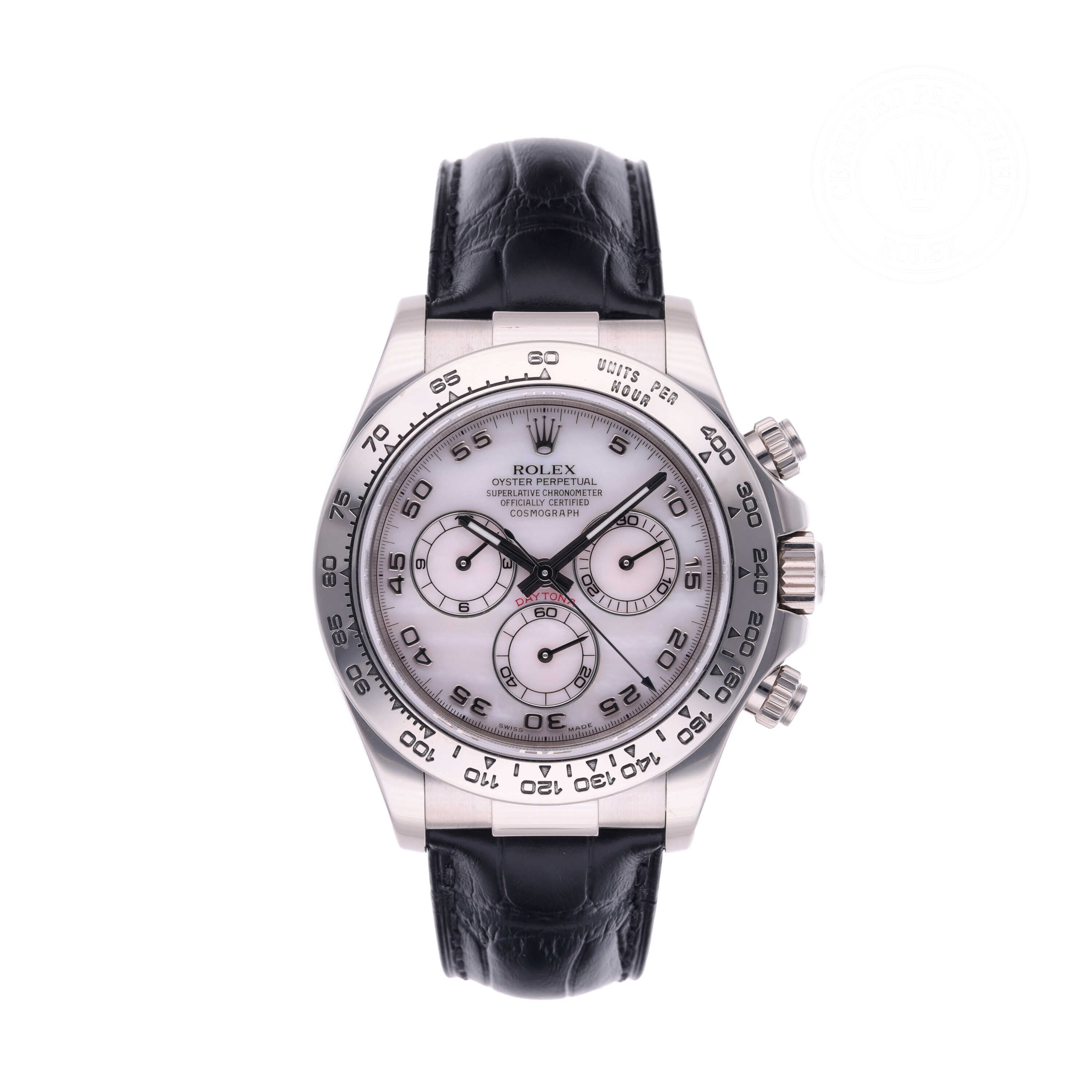 Rolex Certified Pre-owned Daytona M116519-0046 front on white background