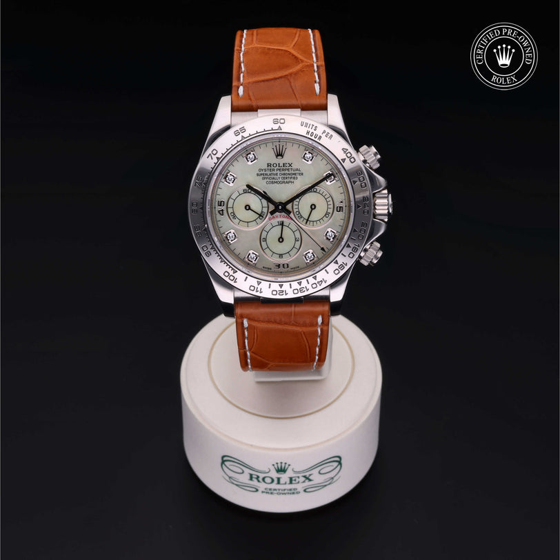 Rolex Certified Pre-owned Daytona M16519-0006 front on black background