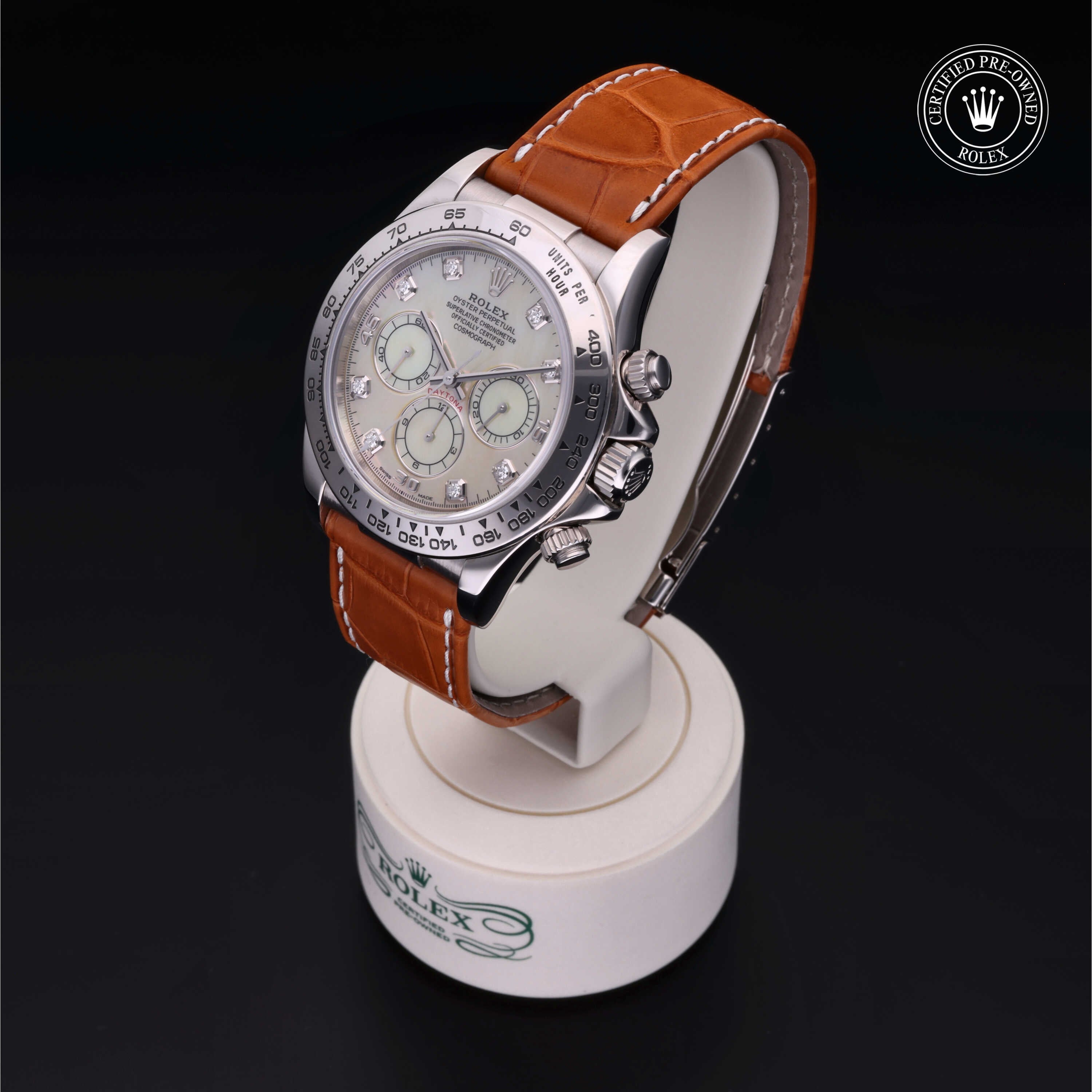 Rolex Certified Pre-owned Daytona M16519-0006 front on black background