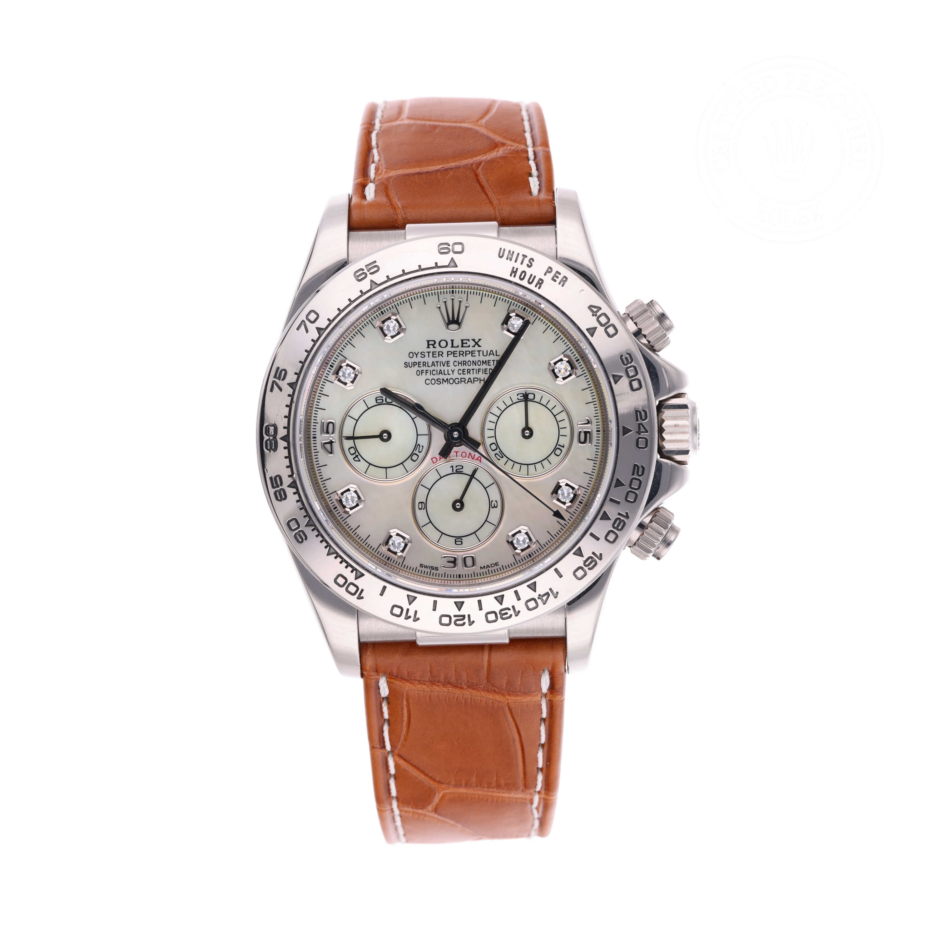 Rolex Certified Pre-owned Daytona M16519-0006 front on white background