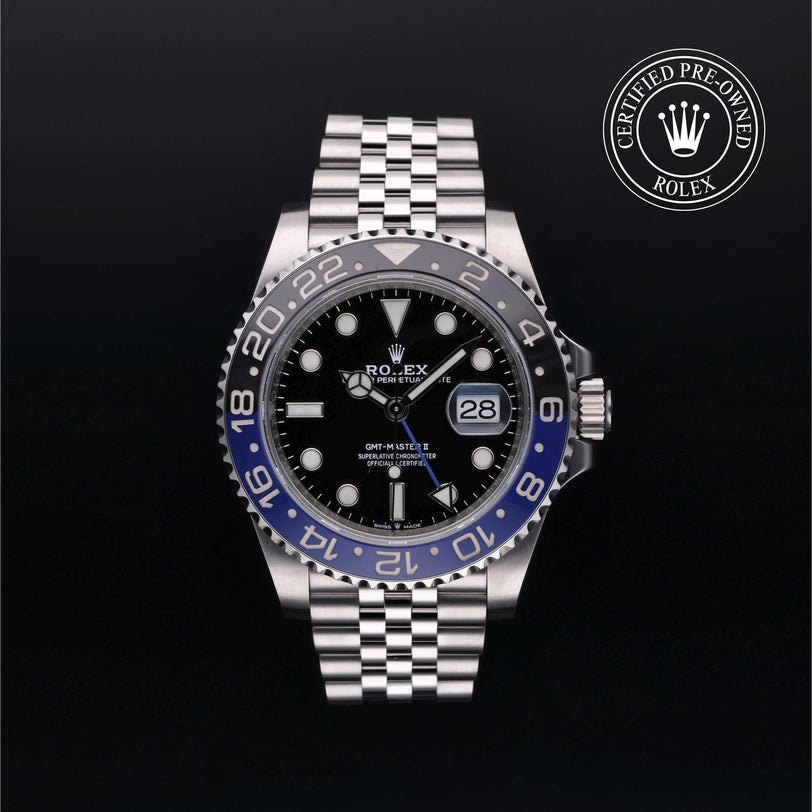 Rolex Certified Pre-owned GMT II M126710BLNR-0002 front on black background