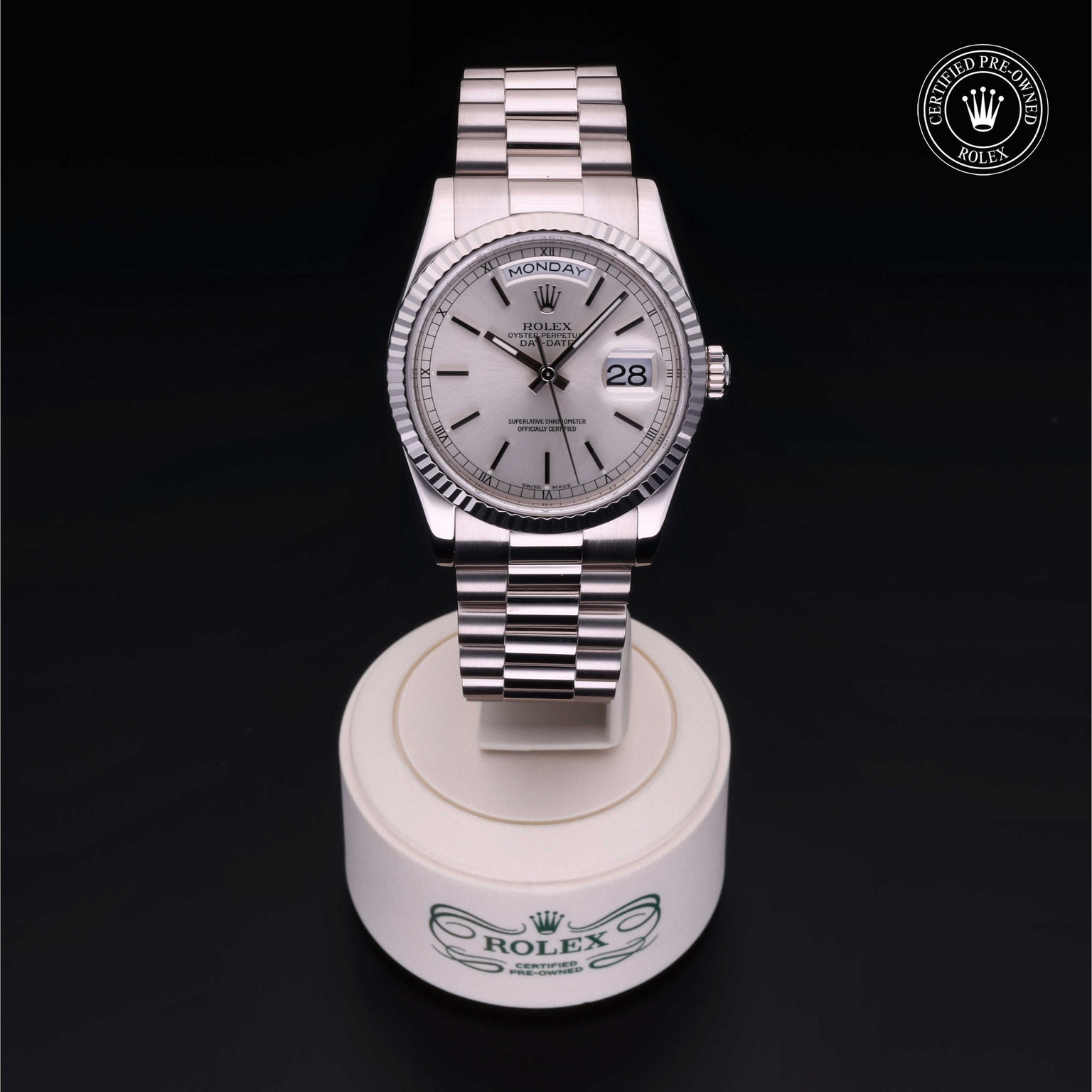 Rolex Certified Pre-owned Day-date M118239-0086 front on black background