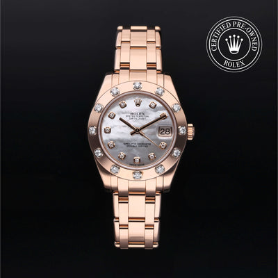 Rolex Certified Pre-owned Lady Datejust Pearlmaster M81315-0014 front on black background