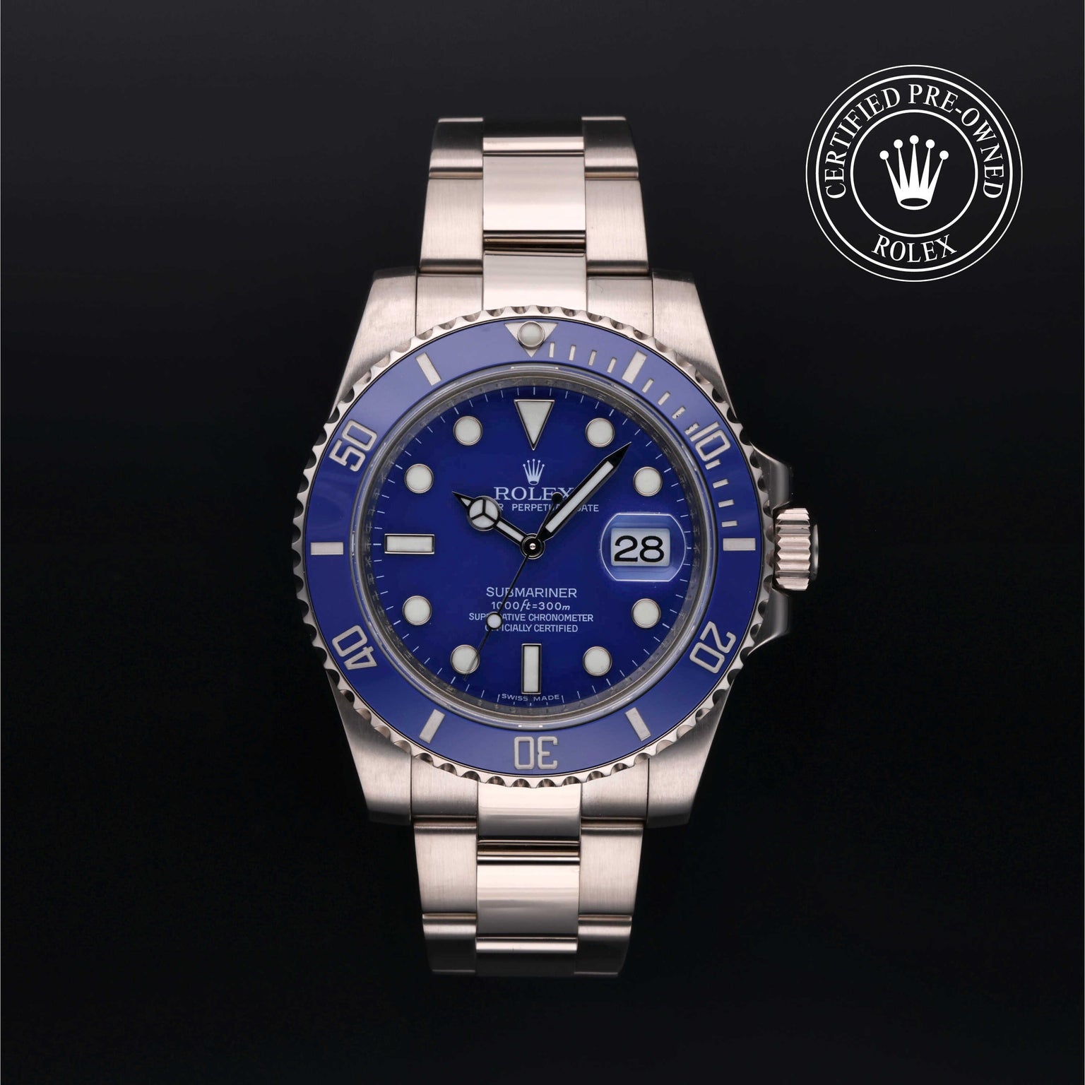 Rolex Certified Pre-owned Submariner Date M116619LB-0001 front on black background